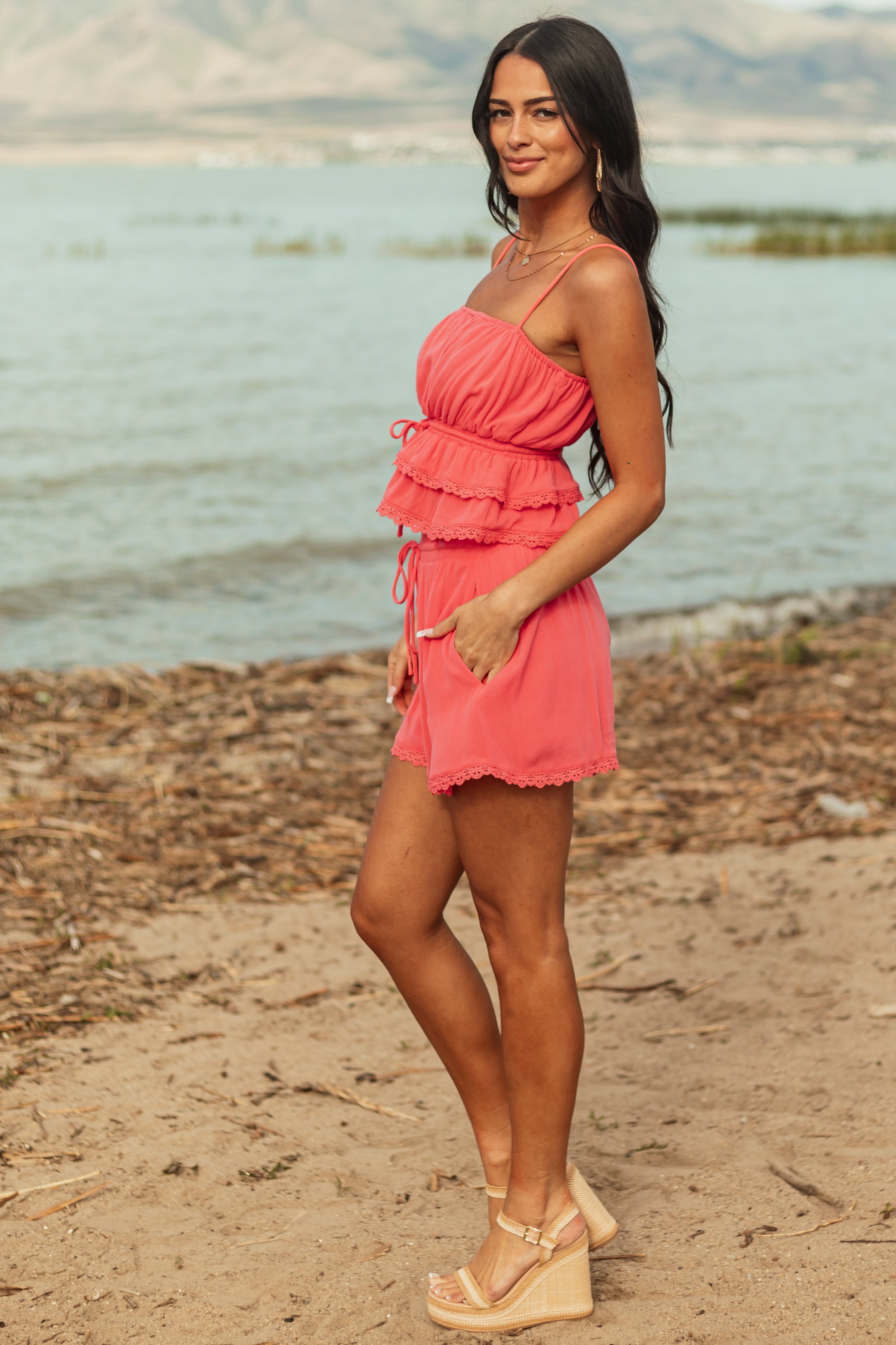 Watermelon Lace Trim Tank Top and Shorts Set