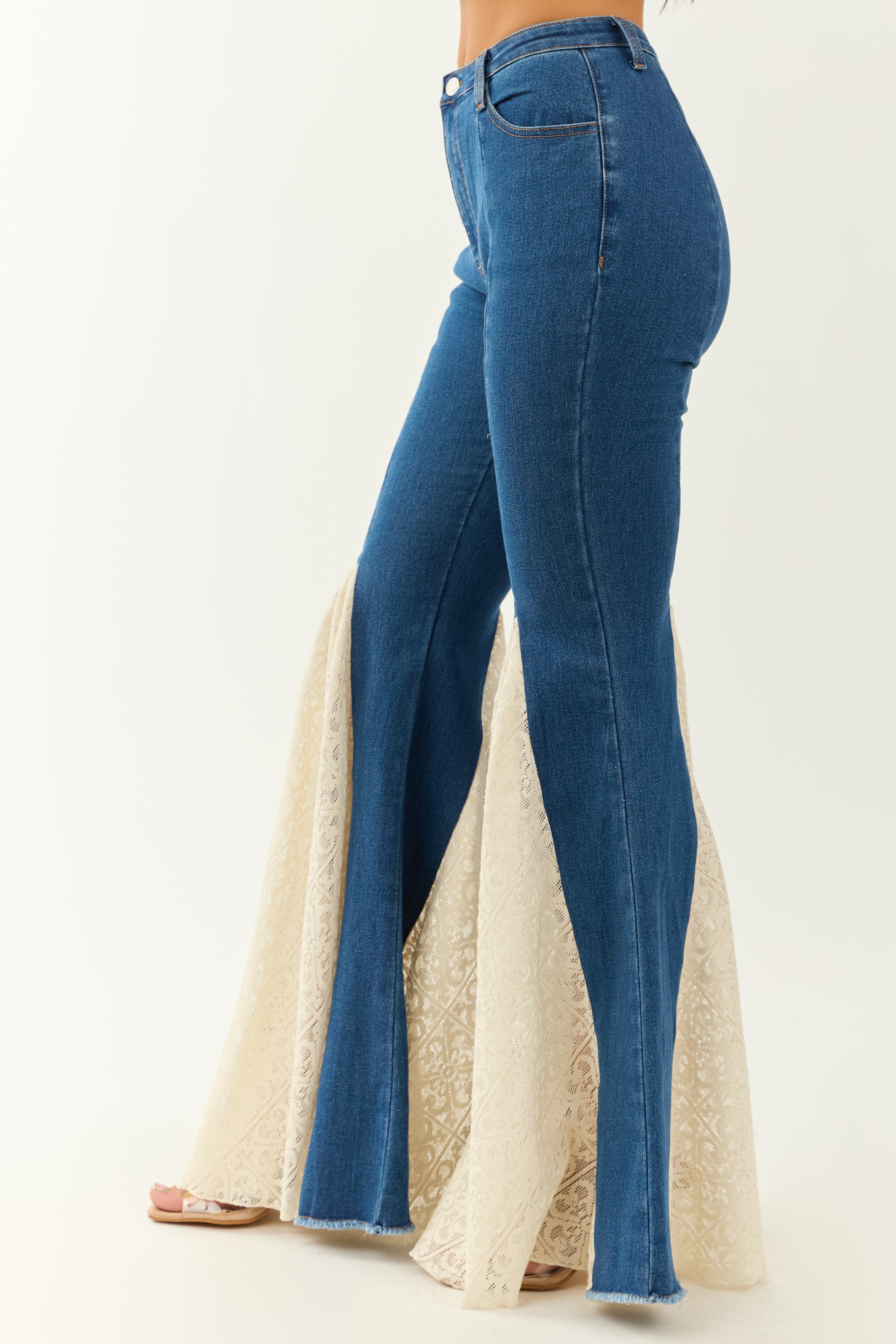 Medium Wash Super Flare Lace Hem Stretchy Jeans