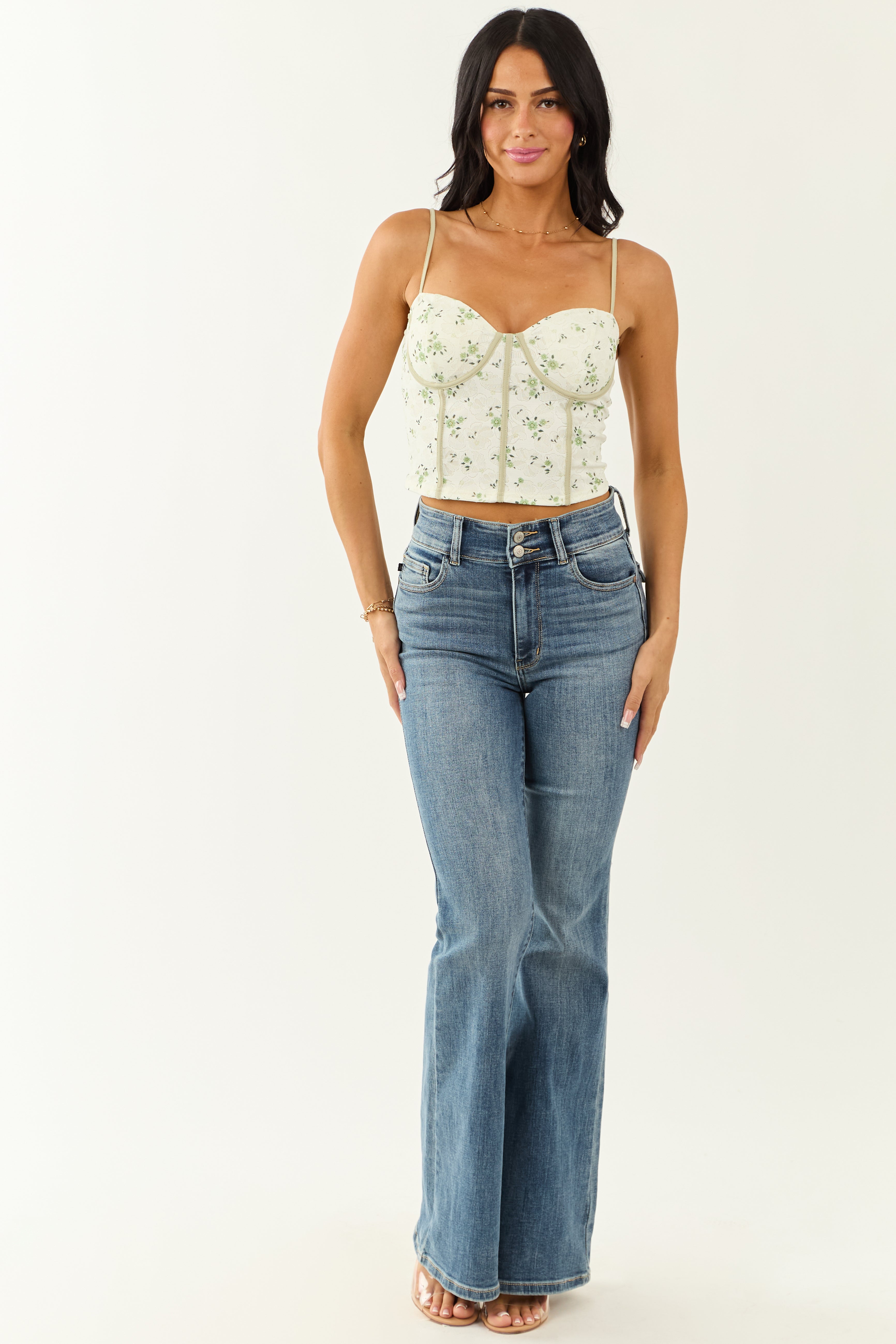 Cream Floral Print Lace Cropped Corset Top