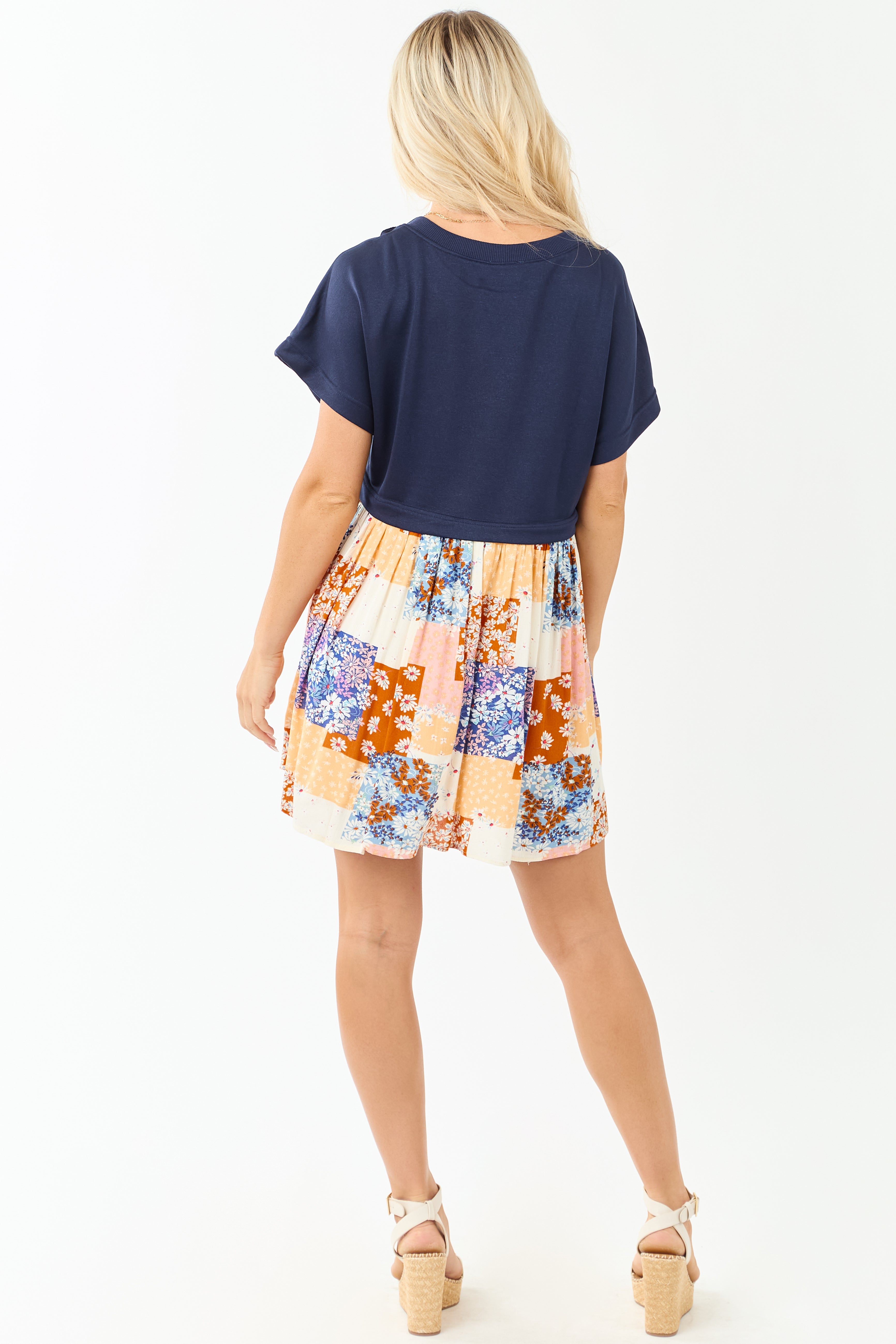 Navy Patchwork Skirt Contrast Knit Mini Dress