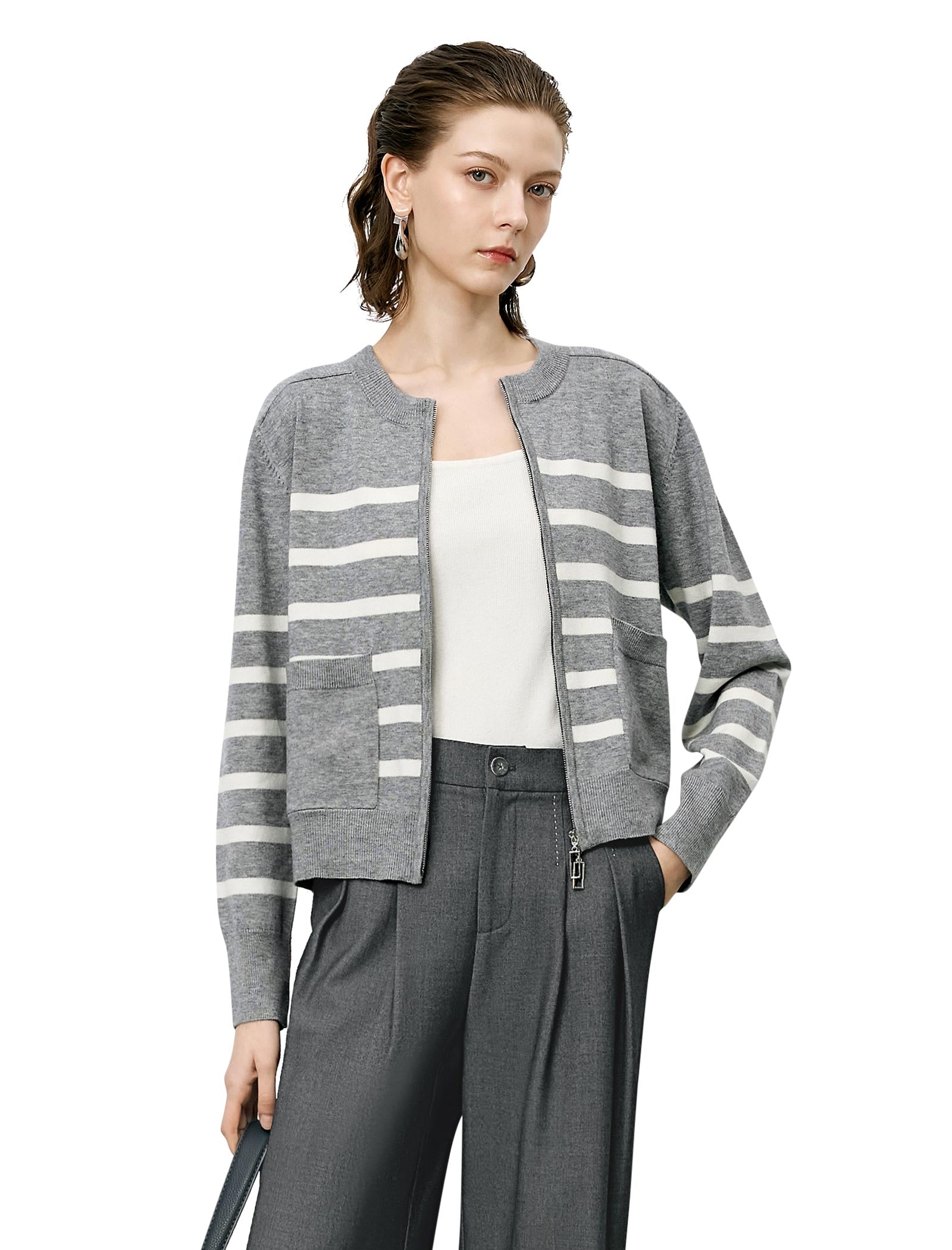 Striped Wool Zipper Short Knit Cardigan