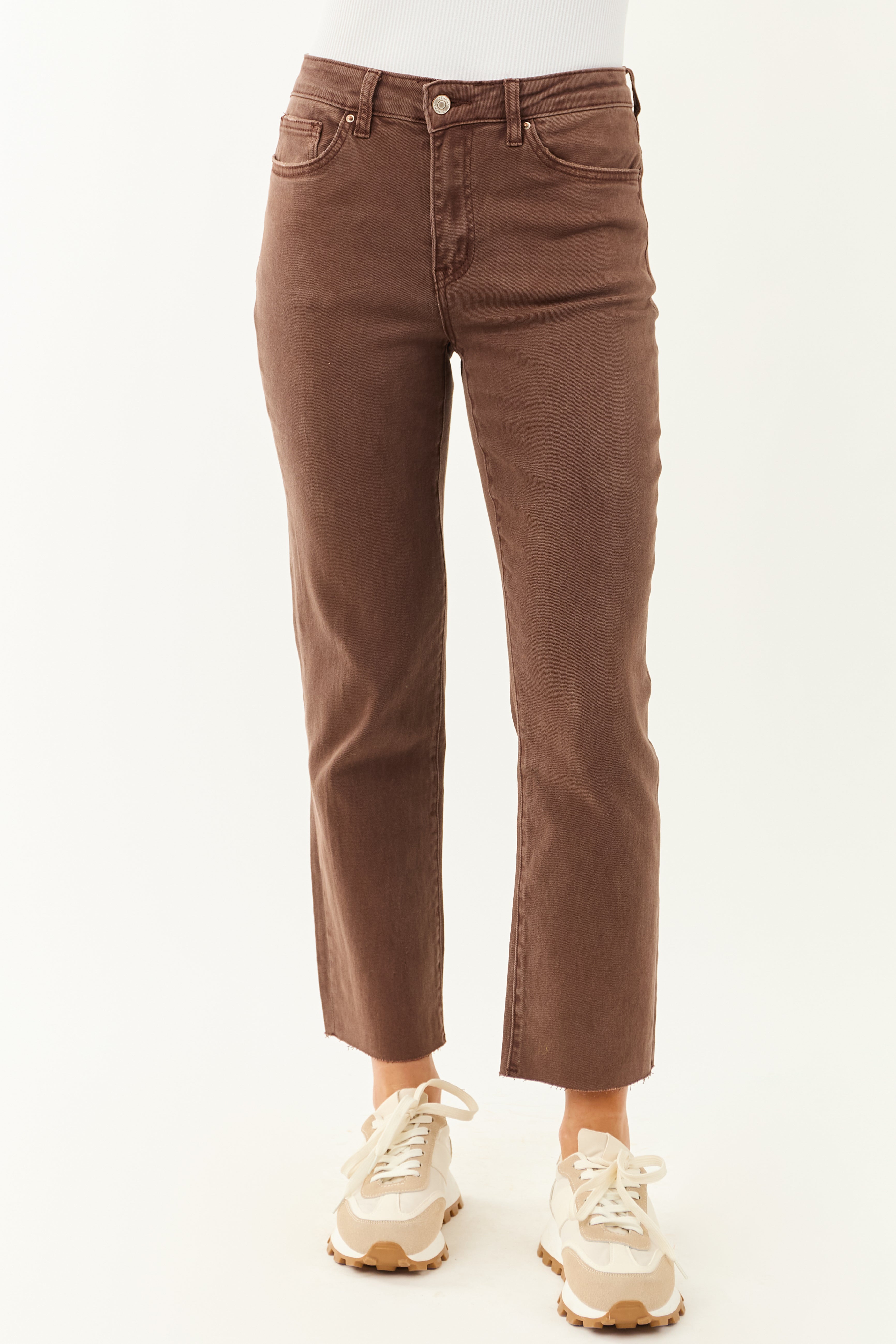 Coffee Cropped High Rise Stretchy Straight Jeans