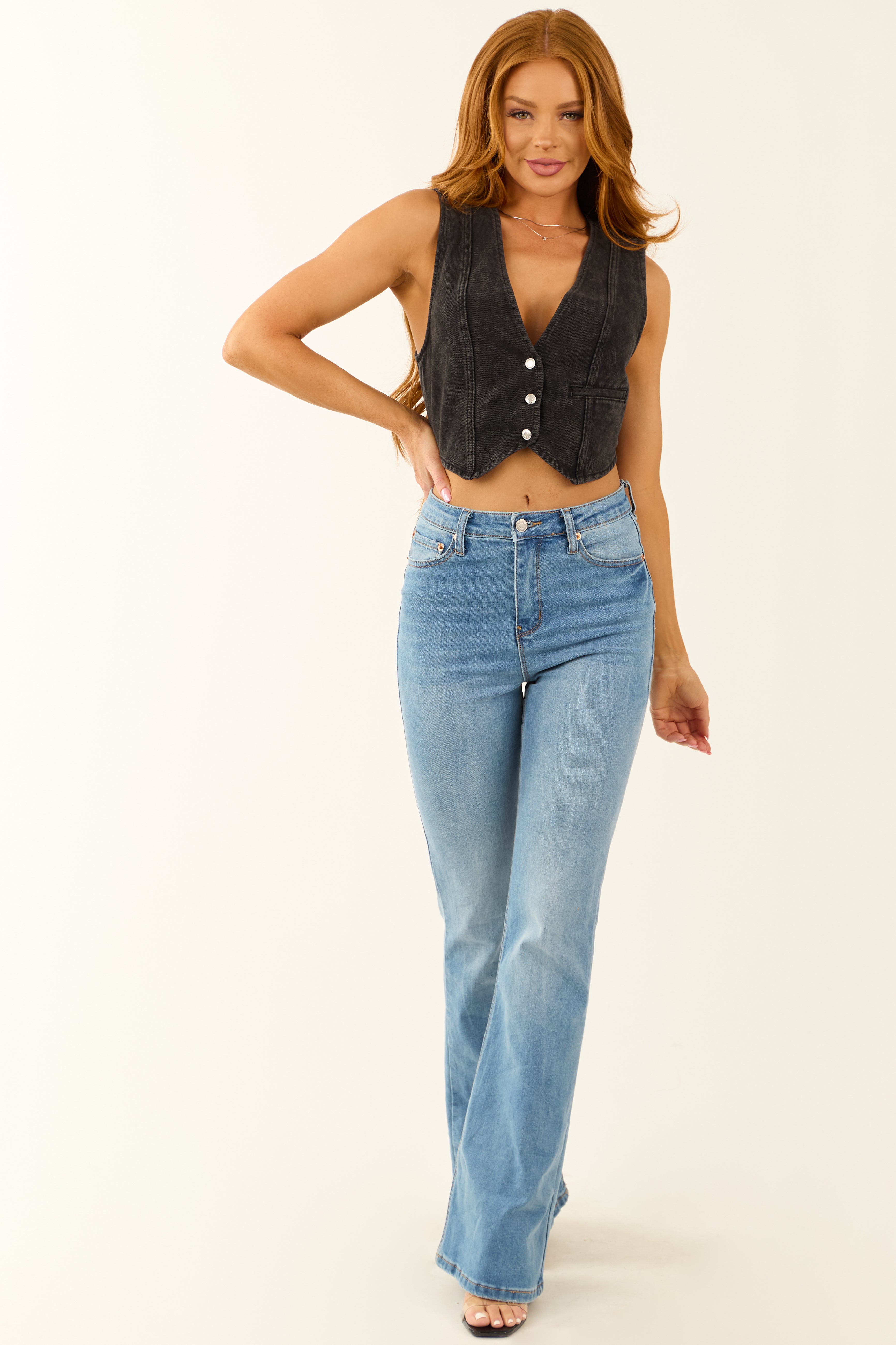 Black Vintage Denim Button Up Vest