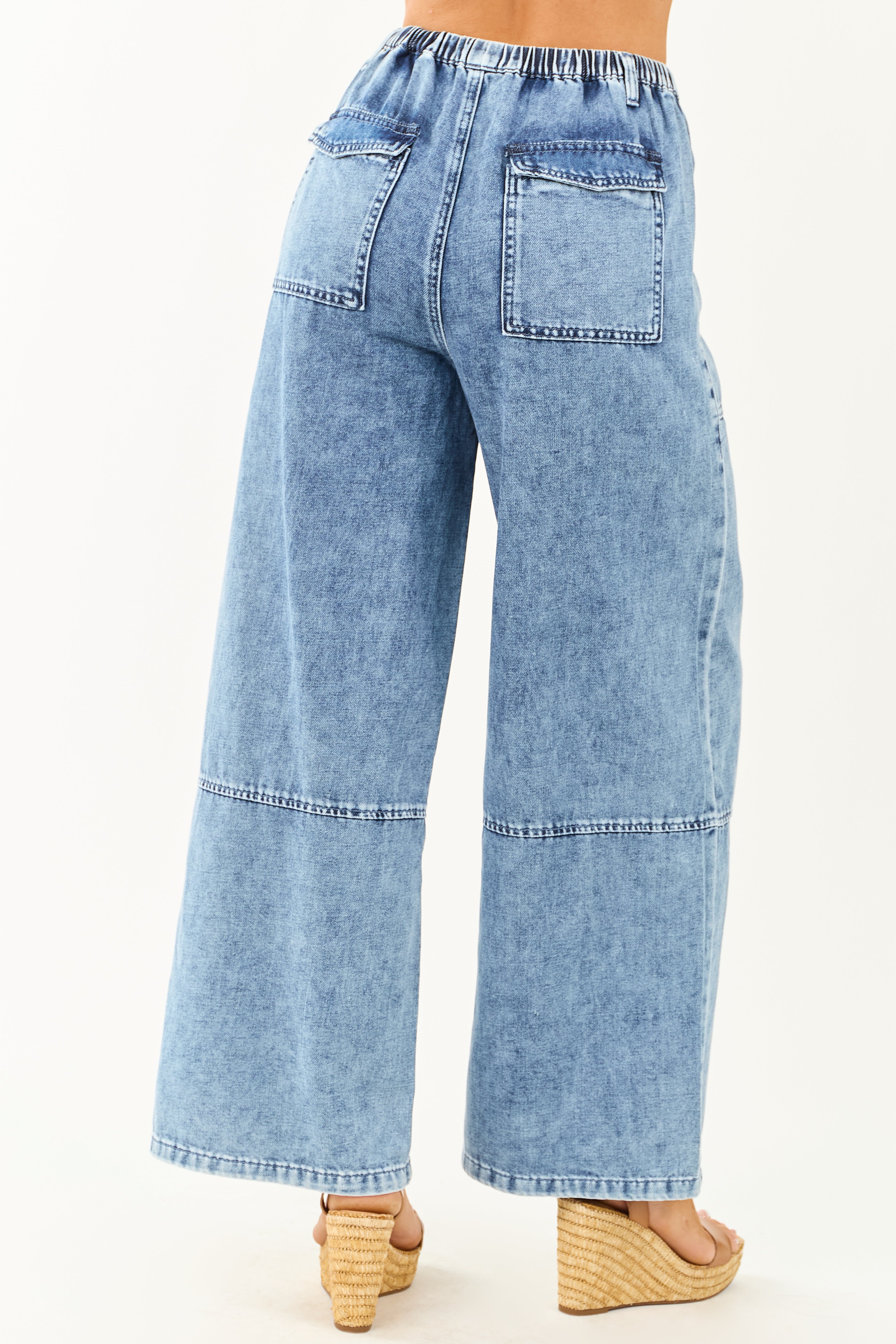 Listicle Medium Wash Wide Leg Drawstring Denim Pants