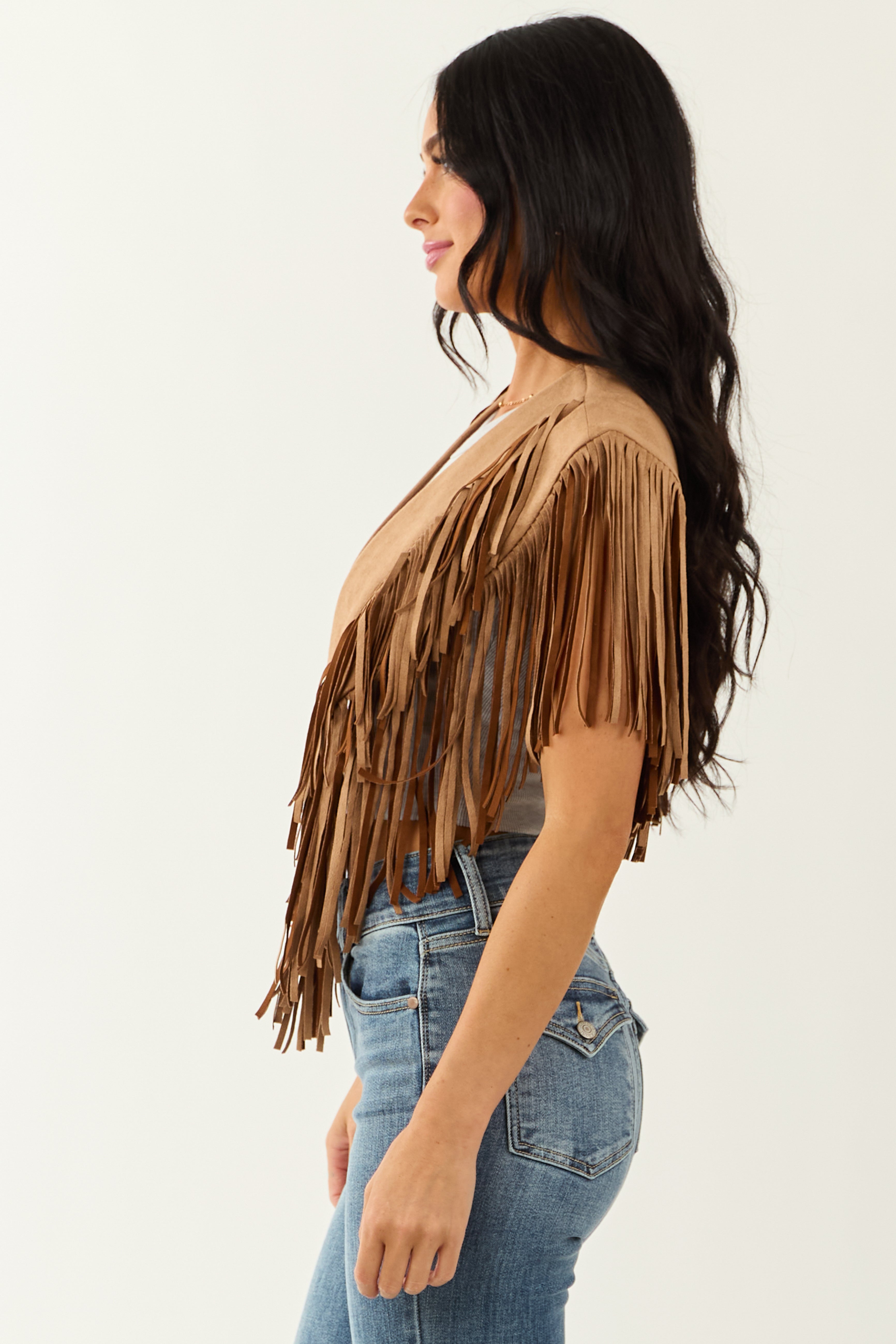Brown Sugar Faux Suede Collared Fringe Shawl
