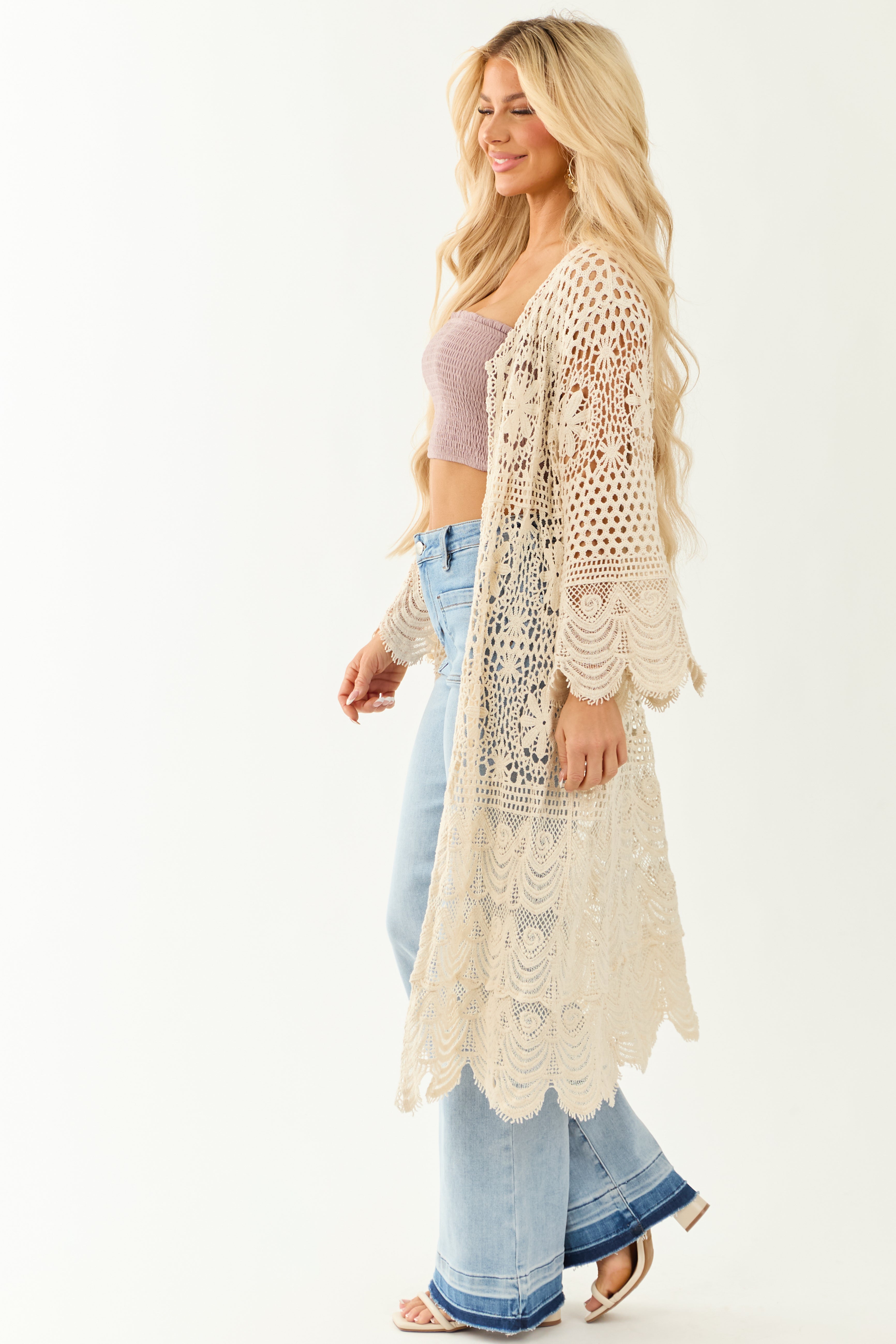 POL Cream Open Crochet Flare Sleeve Duster Cardigan