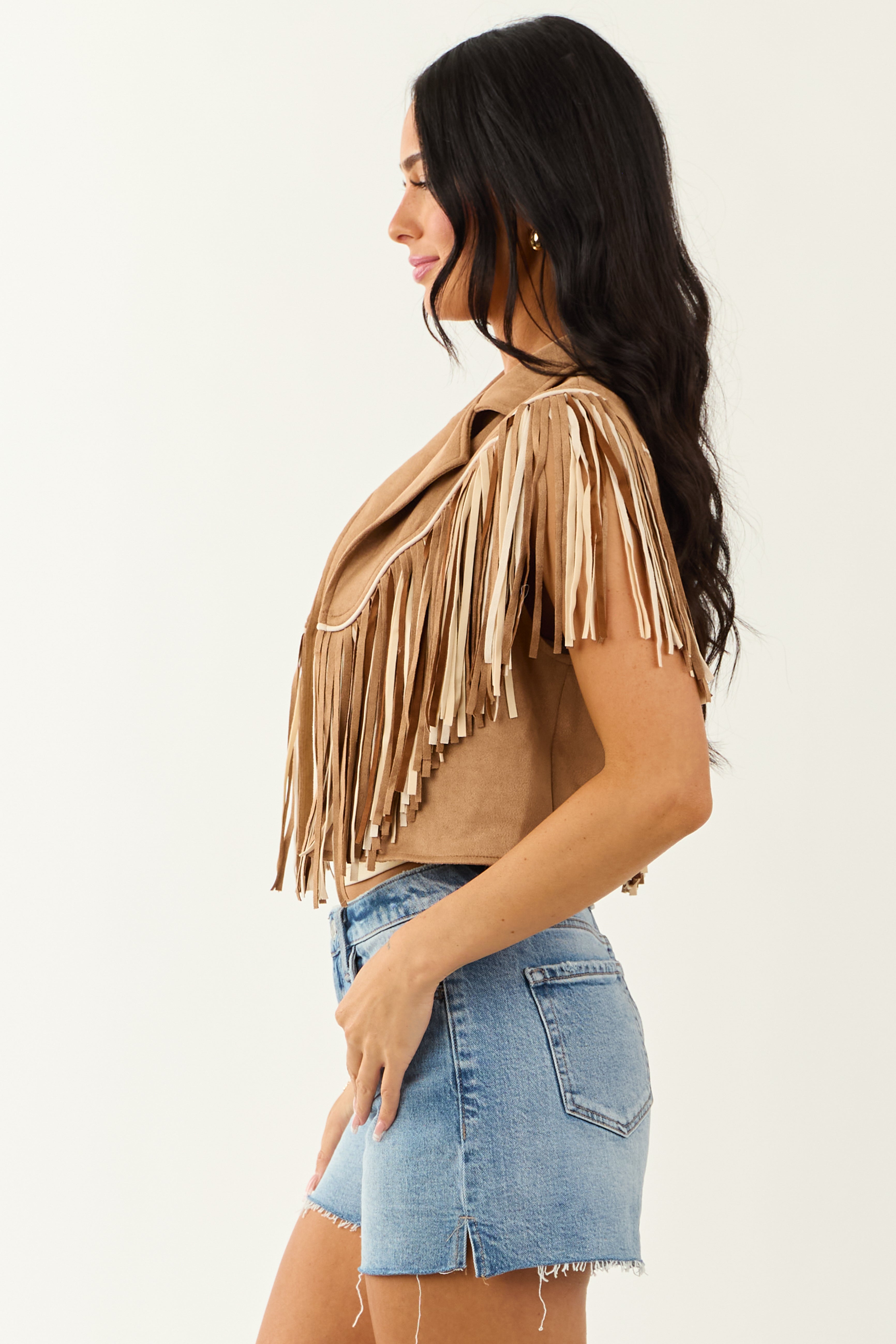 Brown Sugar Faux Suede Fringe Open Front Vest