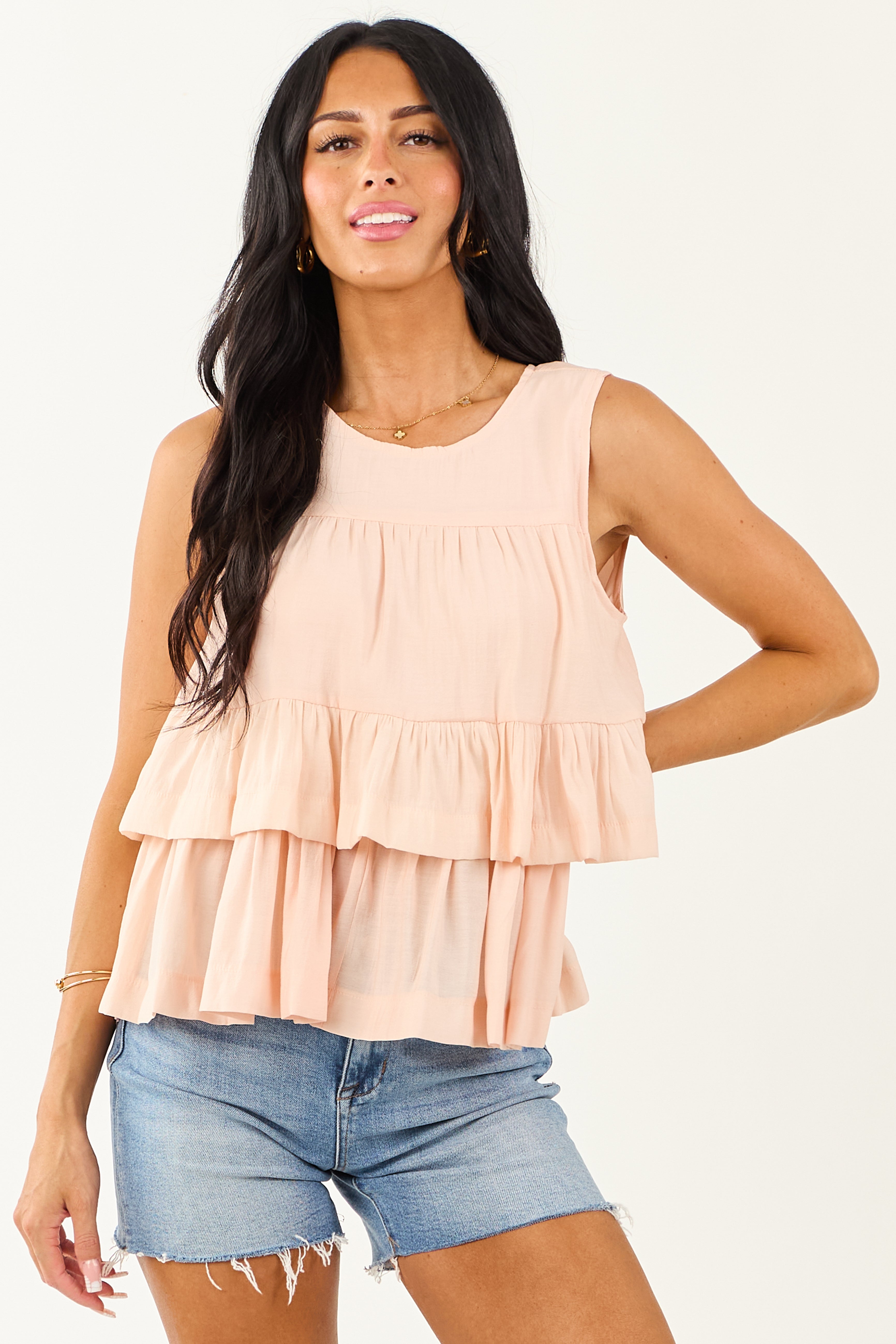 Peach Round Neck Tiered Ruffle Tank Top