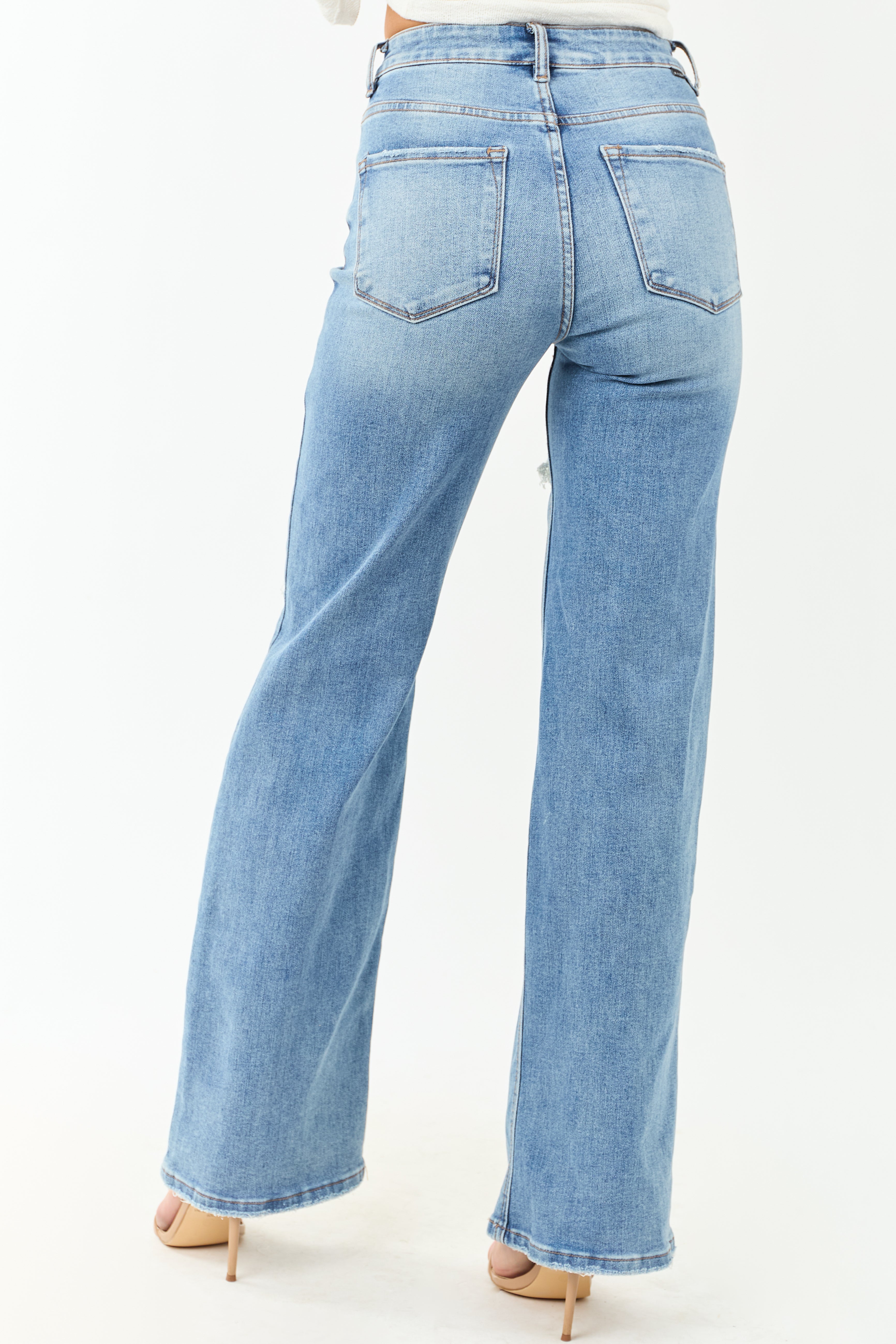 Risen Medium Wash Distressed Stretchy Wide Leg Jeans