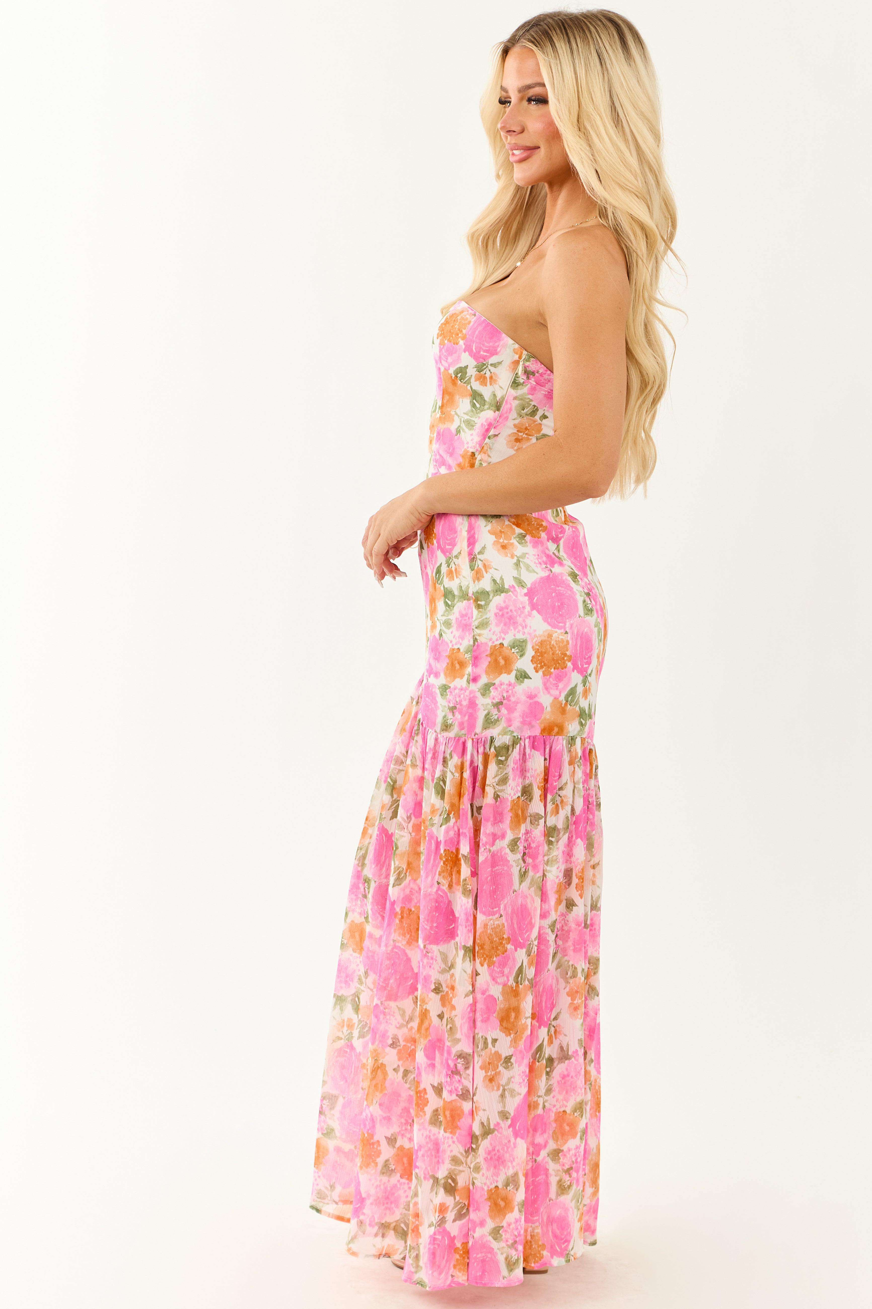 Fuchsia Floral Strapless Asymmetrical Maxi Dress