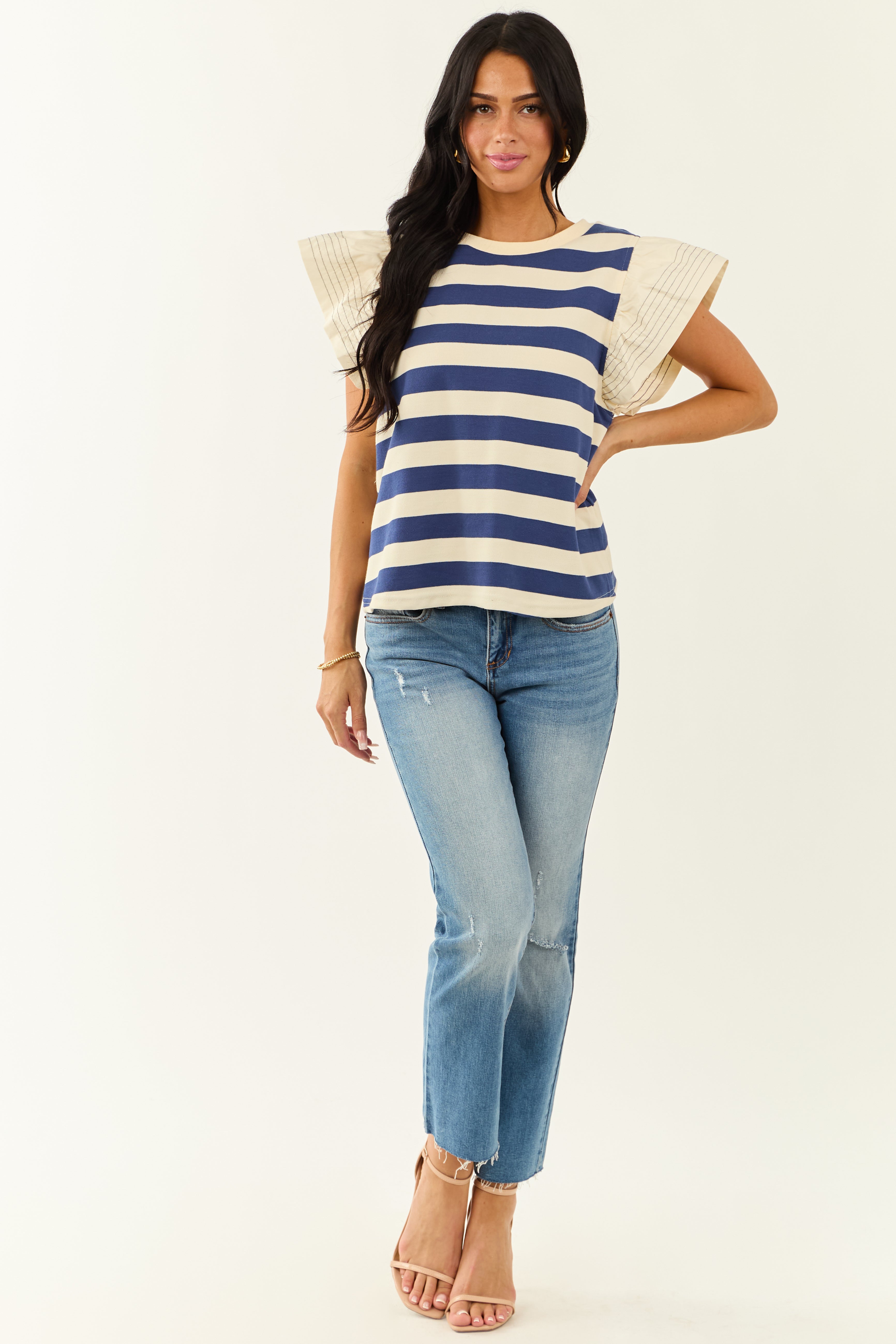 Navy and Cream Striped Ruffle Sleeve Top