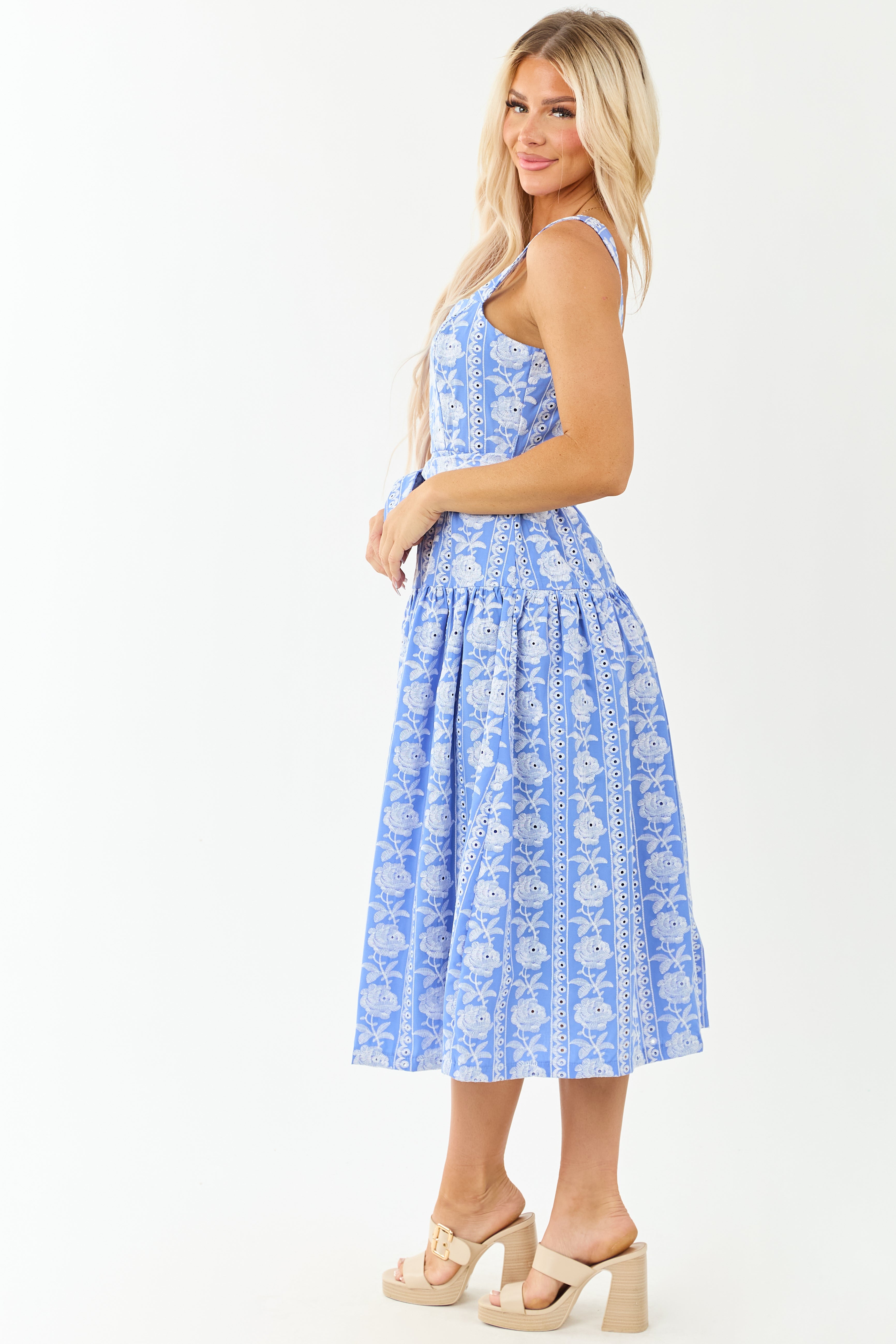 Cornflower Floral Embroidered Waist Tie Midi Dress