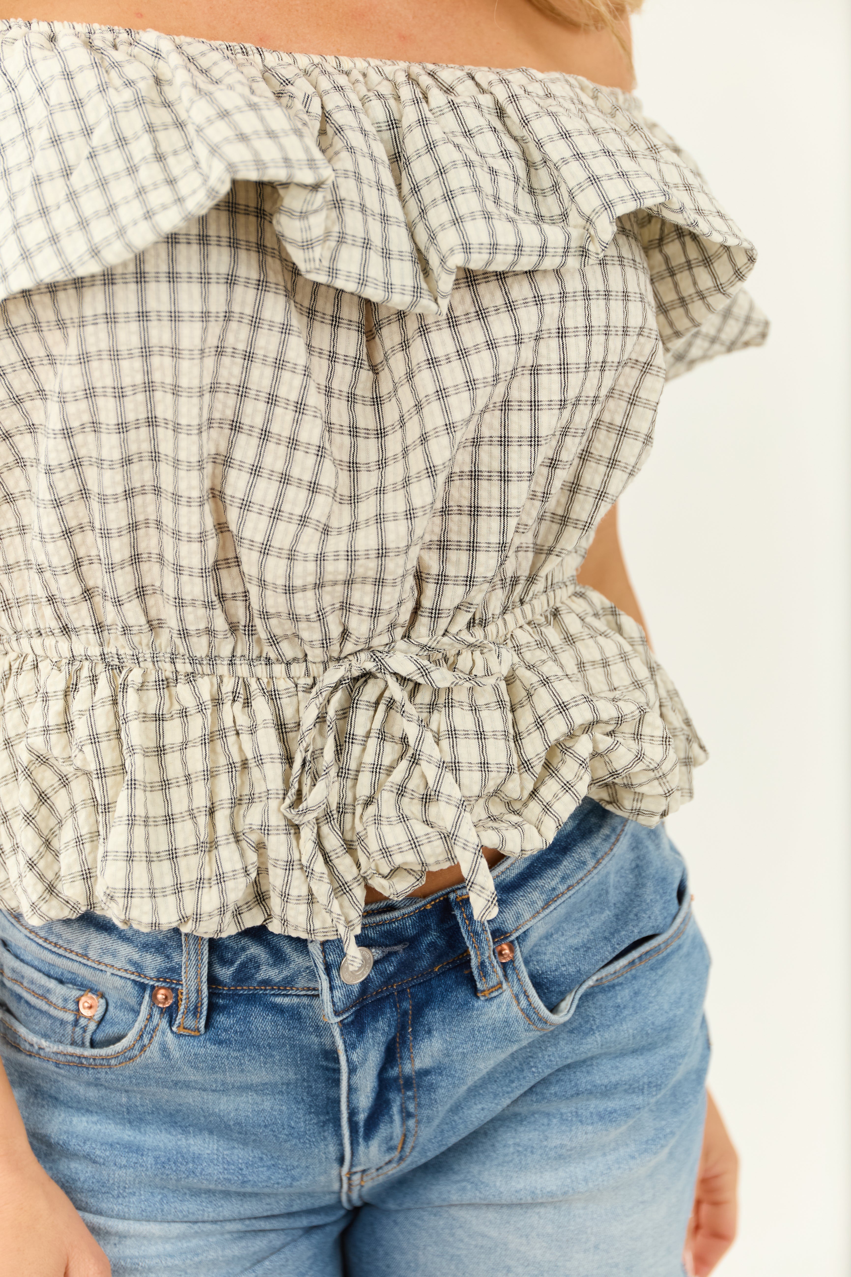Cream Plaid Off Shoulder Peplum Bubble Hem Top