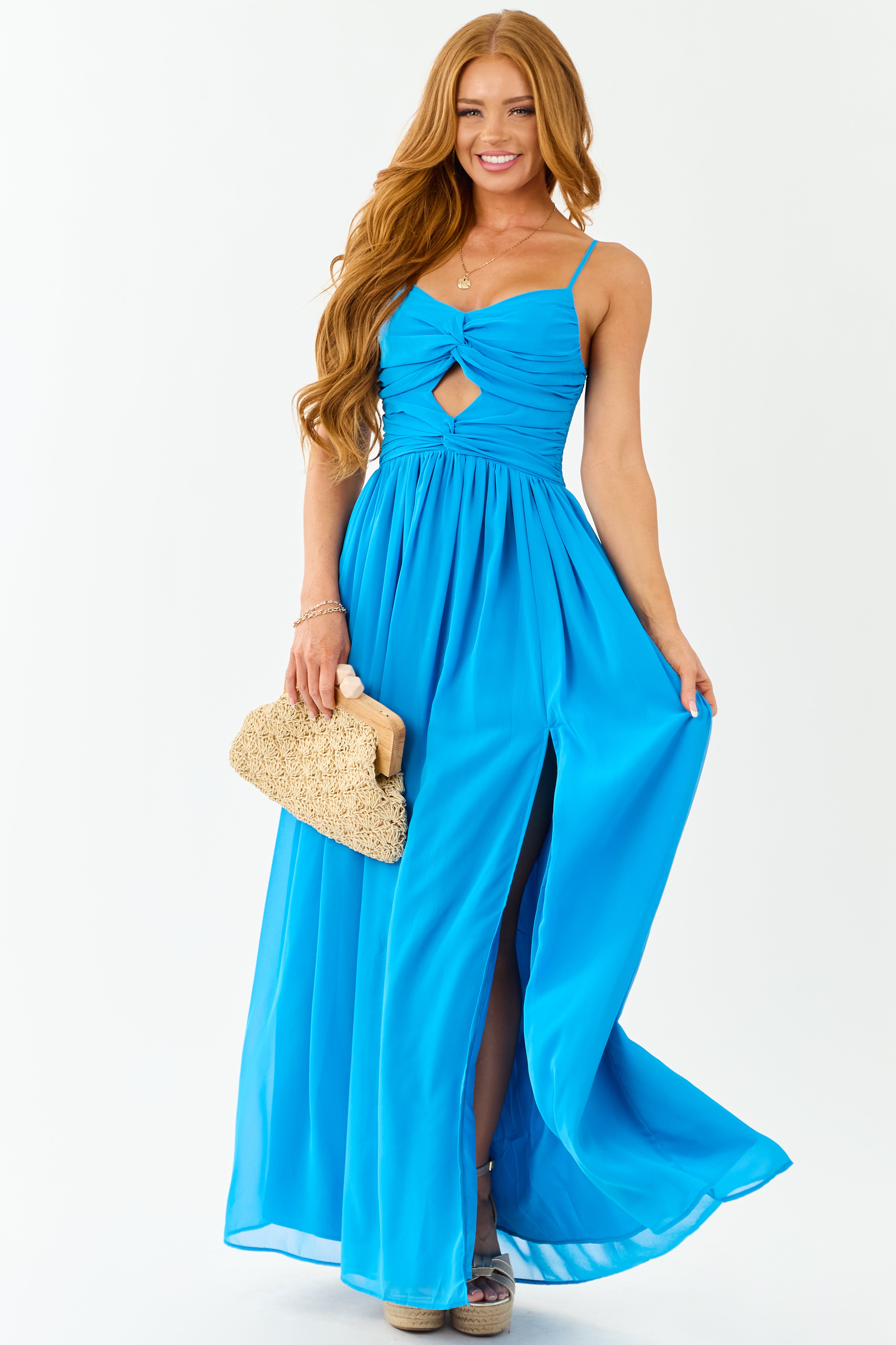 Azure Flowy Chiffon Front Twist Maxi Dress