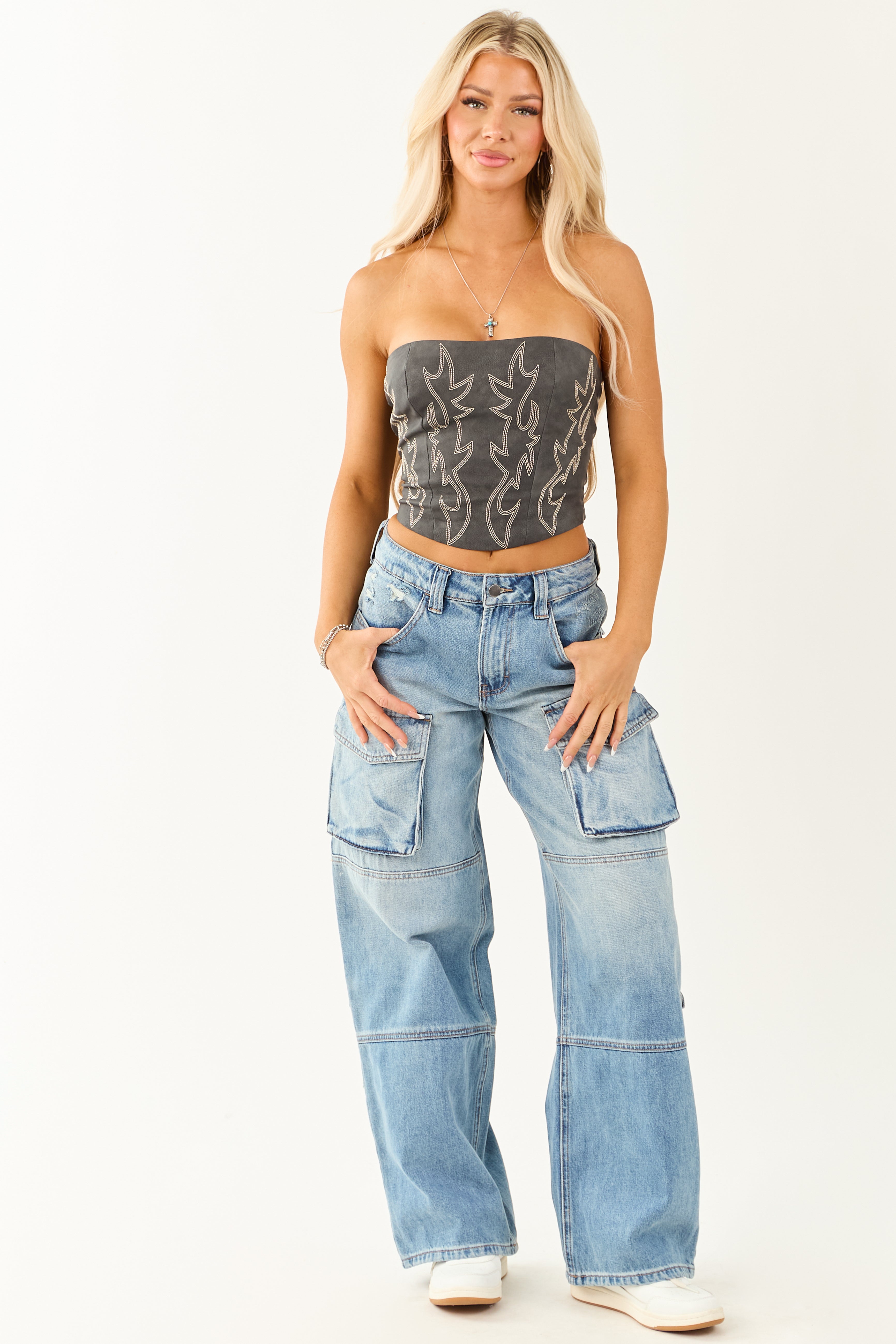Charcoal Faux Leather Western Corset Top
