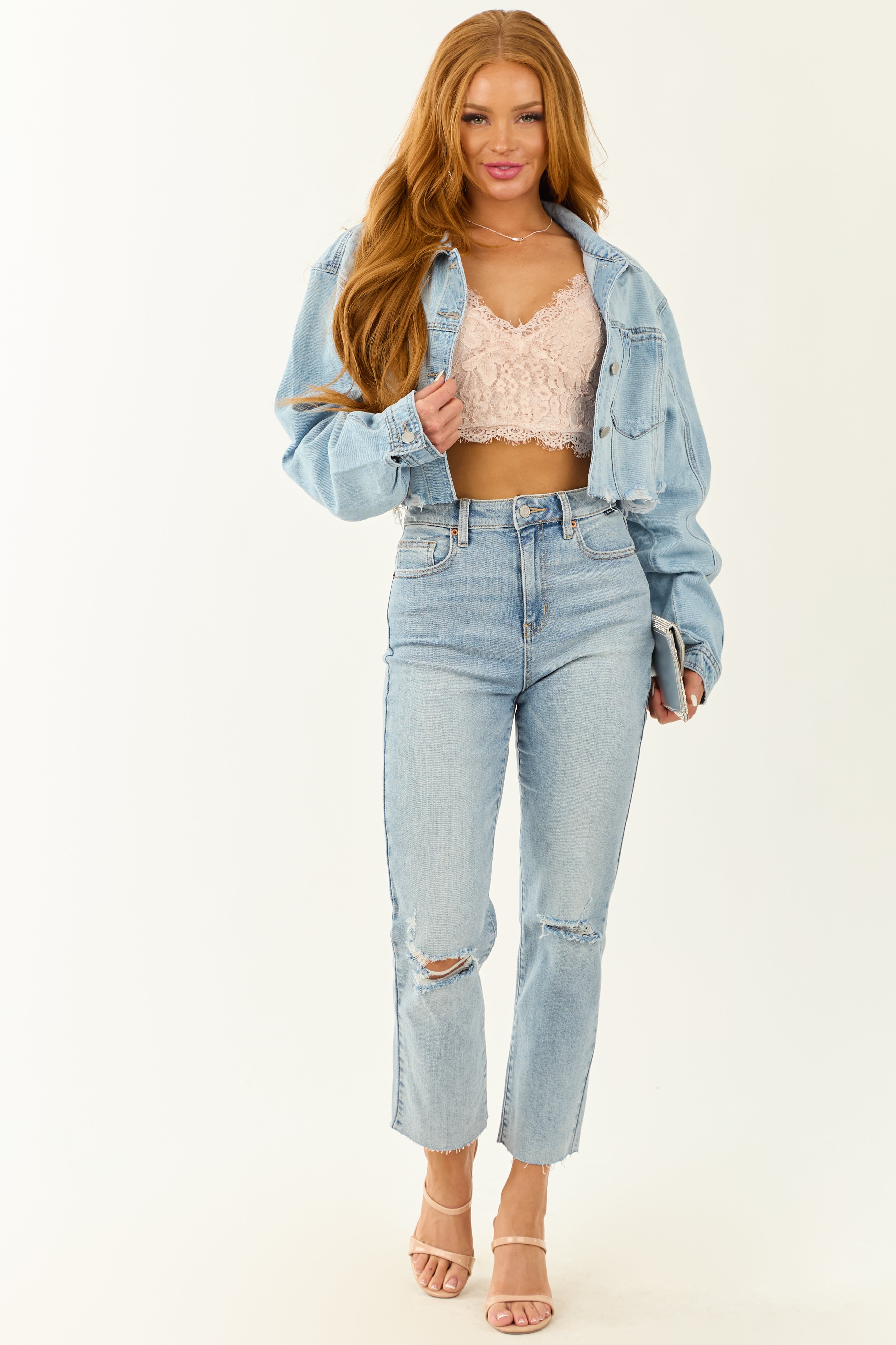 Cello Light Wash Stretchy Distressed Straight Jeans