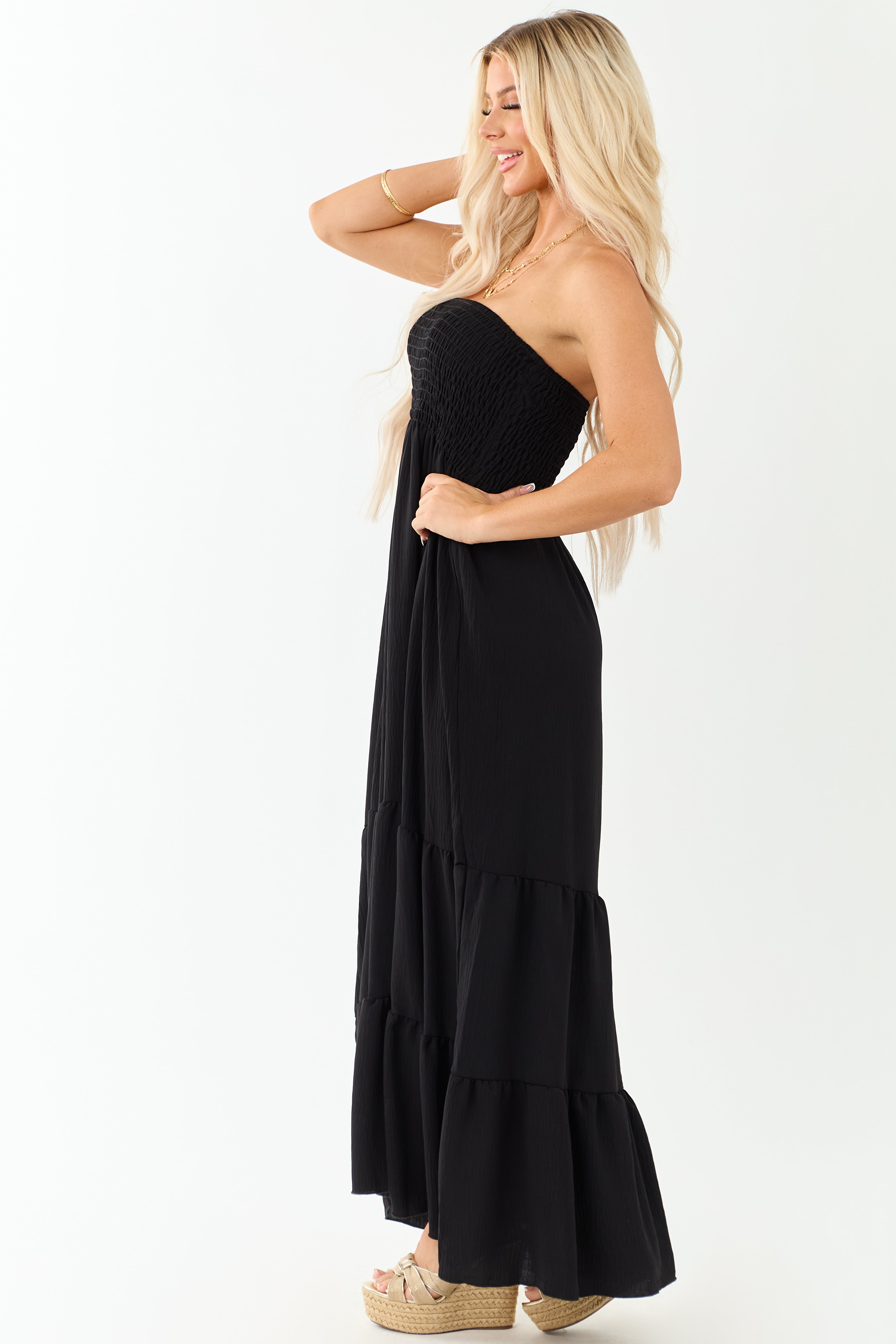 Black Smocked Tiered Strapless Maxi Dress