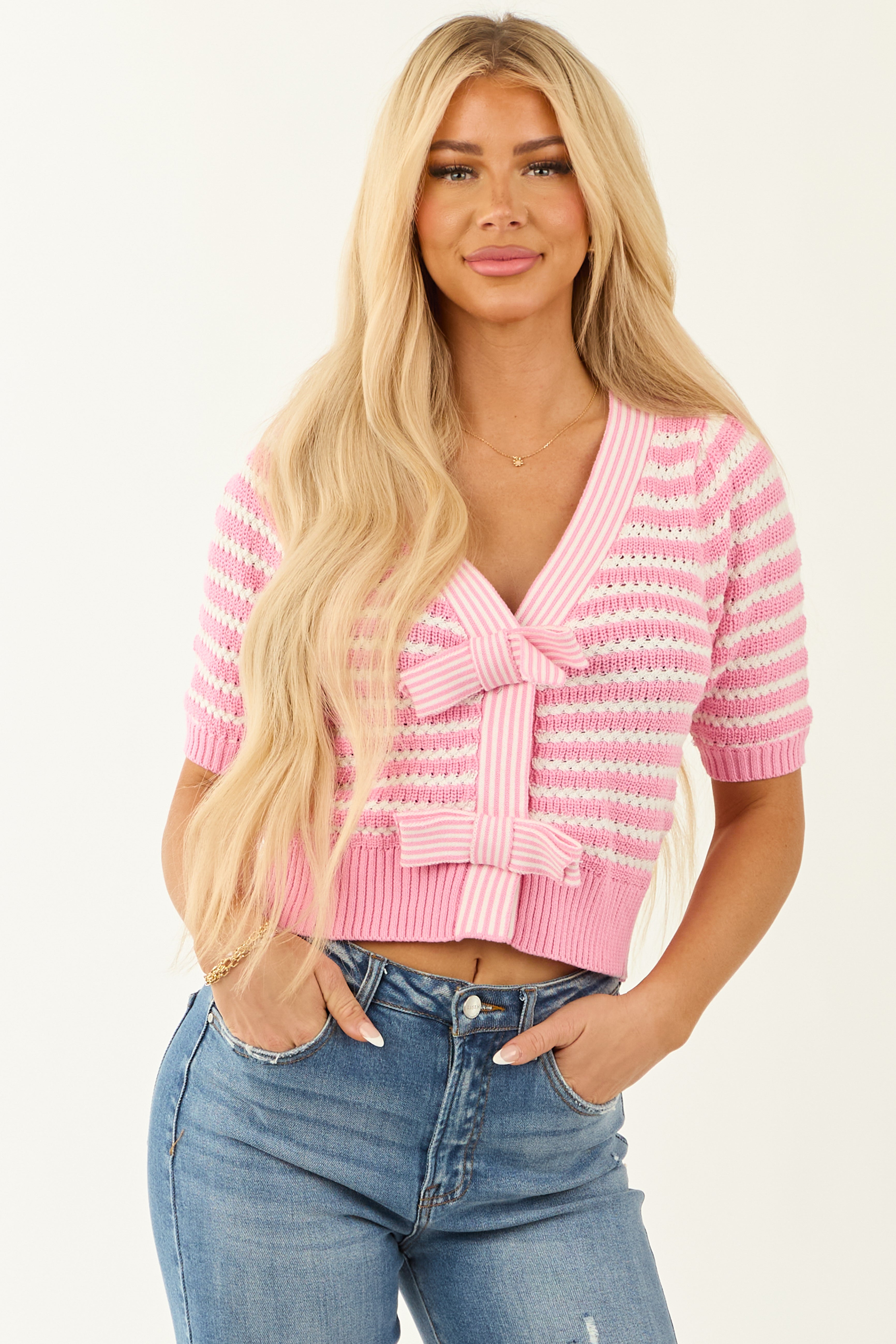Bubblegum and Ivory Striped Half Sleeve Cardigan