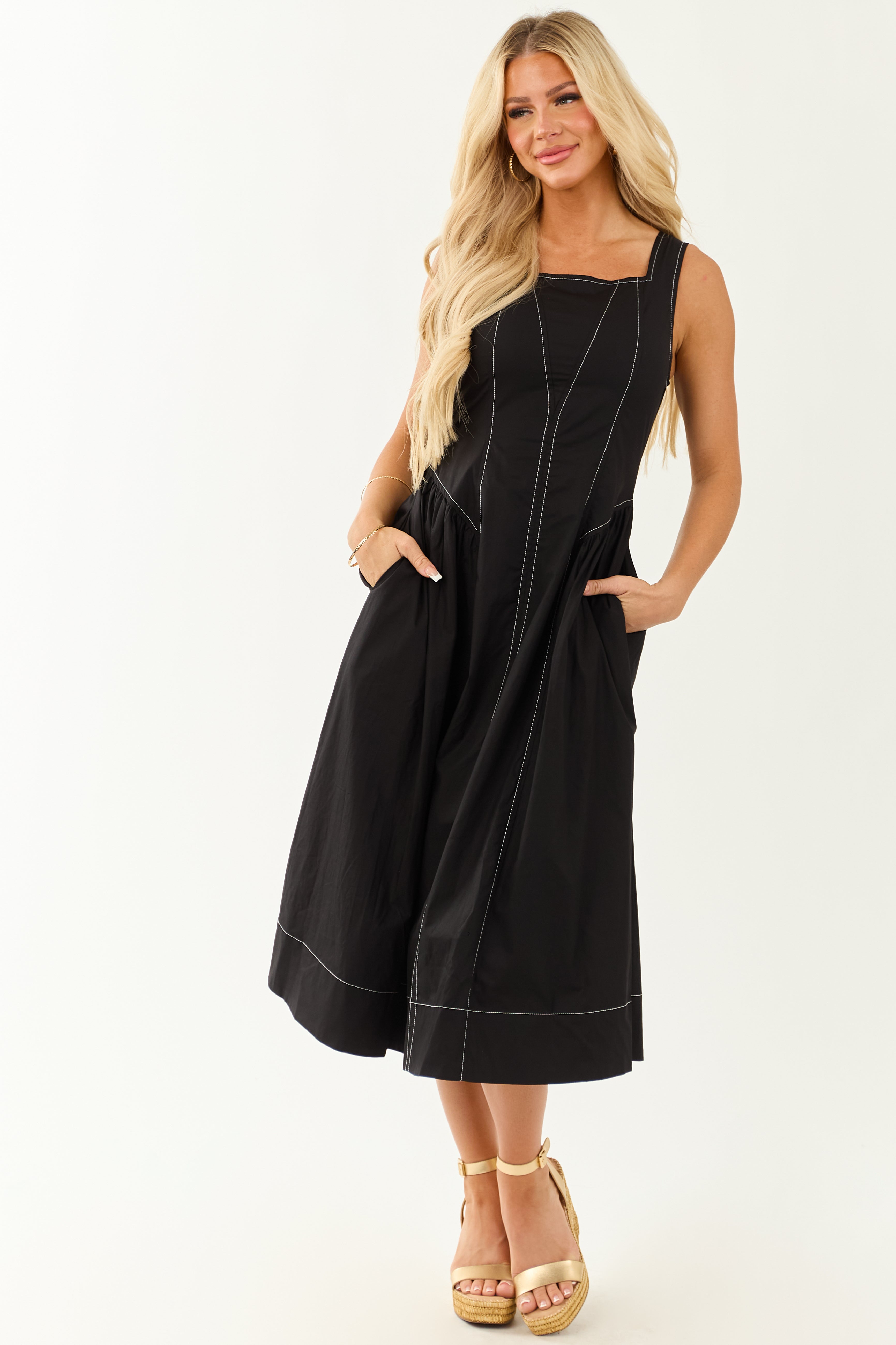 Entro Black Contrast Stitch Cotton Midi Dress