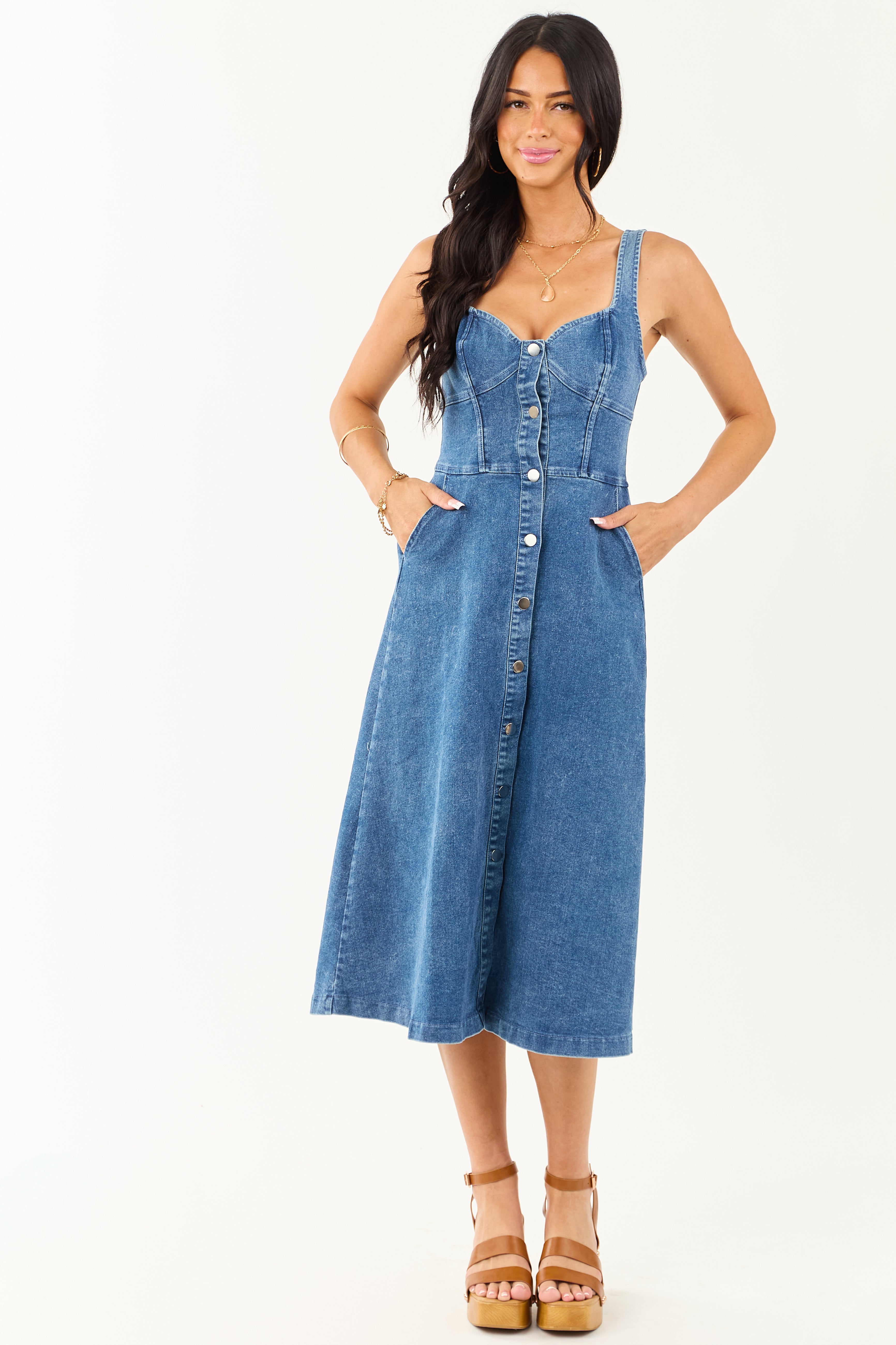 Medium Wash Button Down Sleeveless Denim Midi Dress