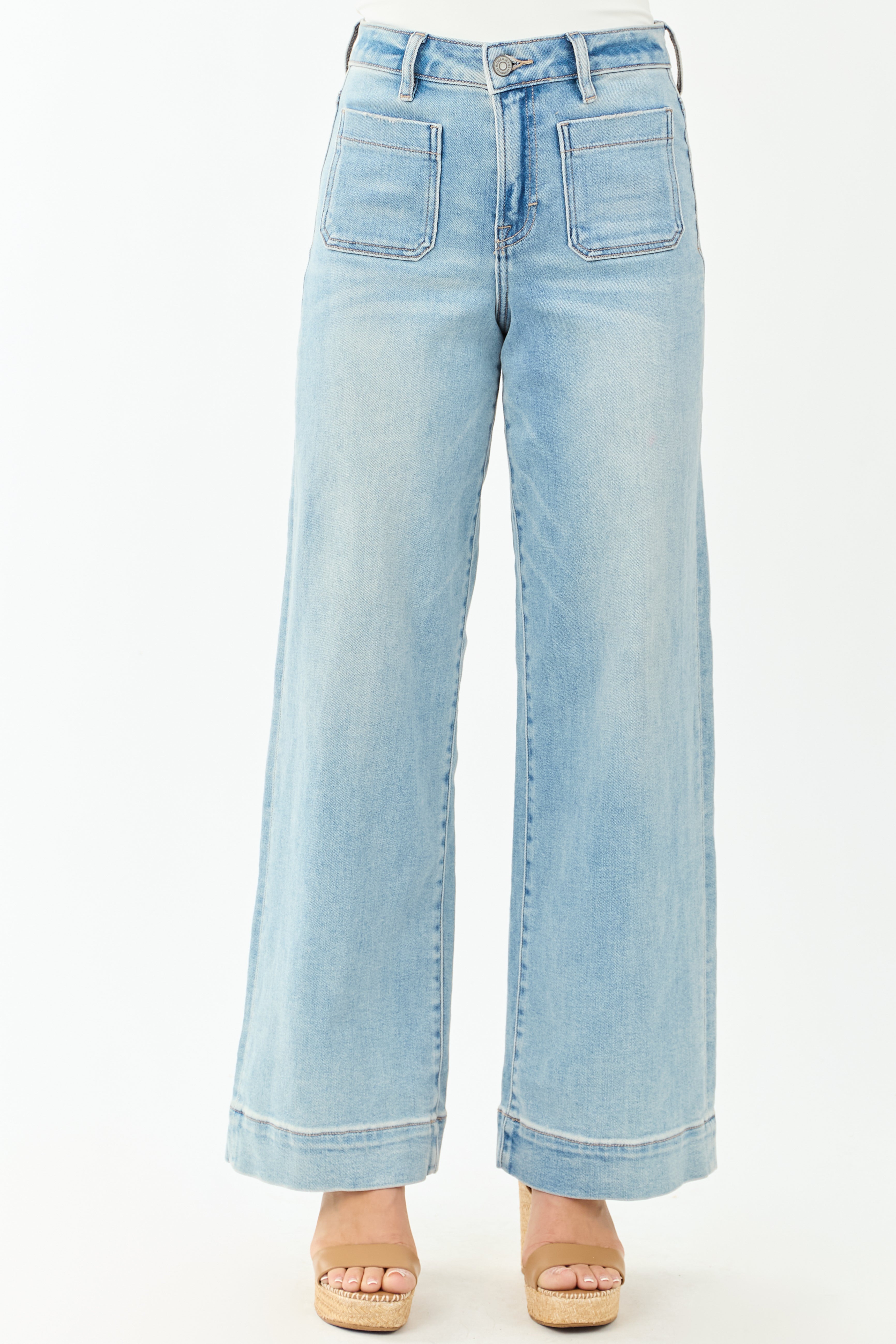 Hidden Light Wash Patch Pocket Stretchy Wide Leg Jeans