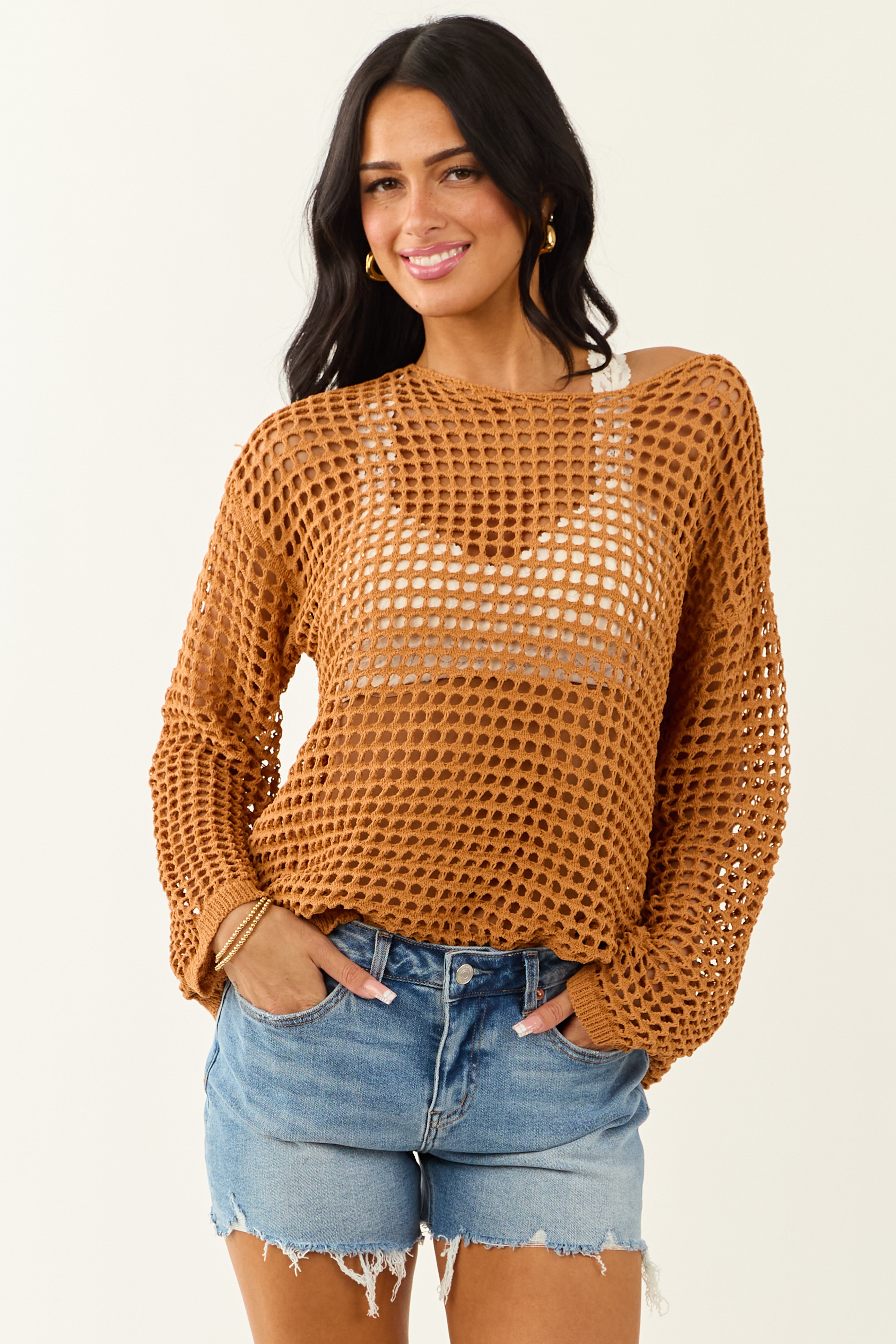 Caramel Open Crochet Round Neck Long Sleeve Top