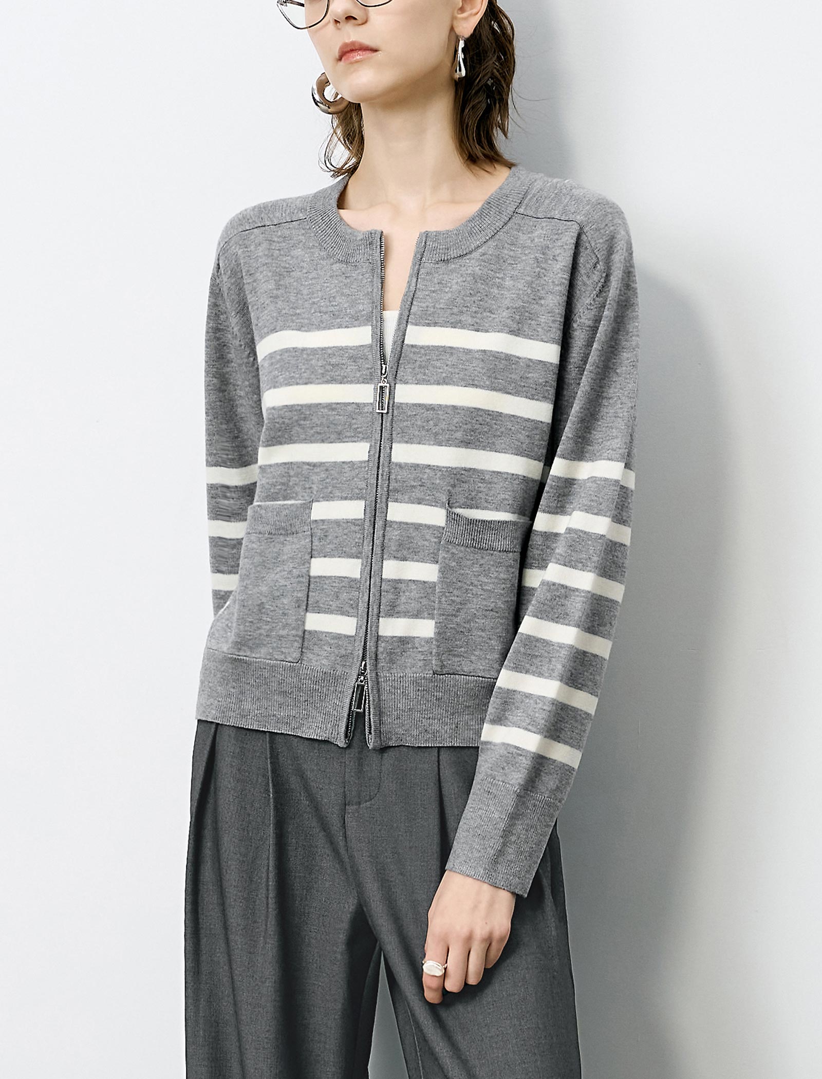 Striped Wool Zipper Short Knit Cardigan