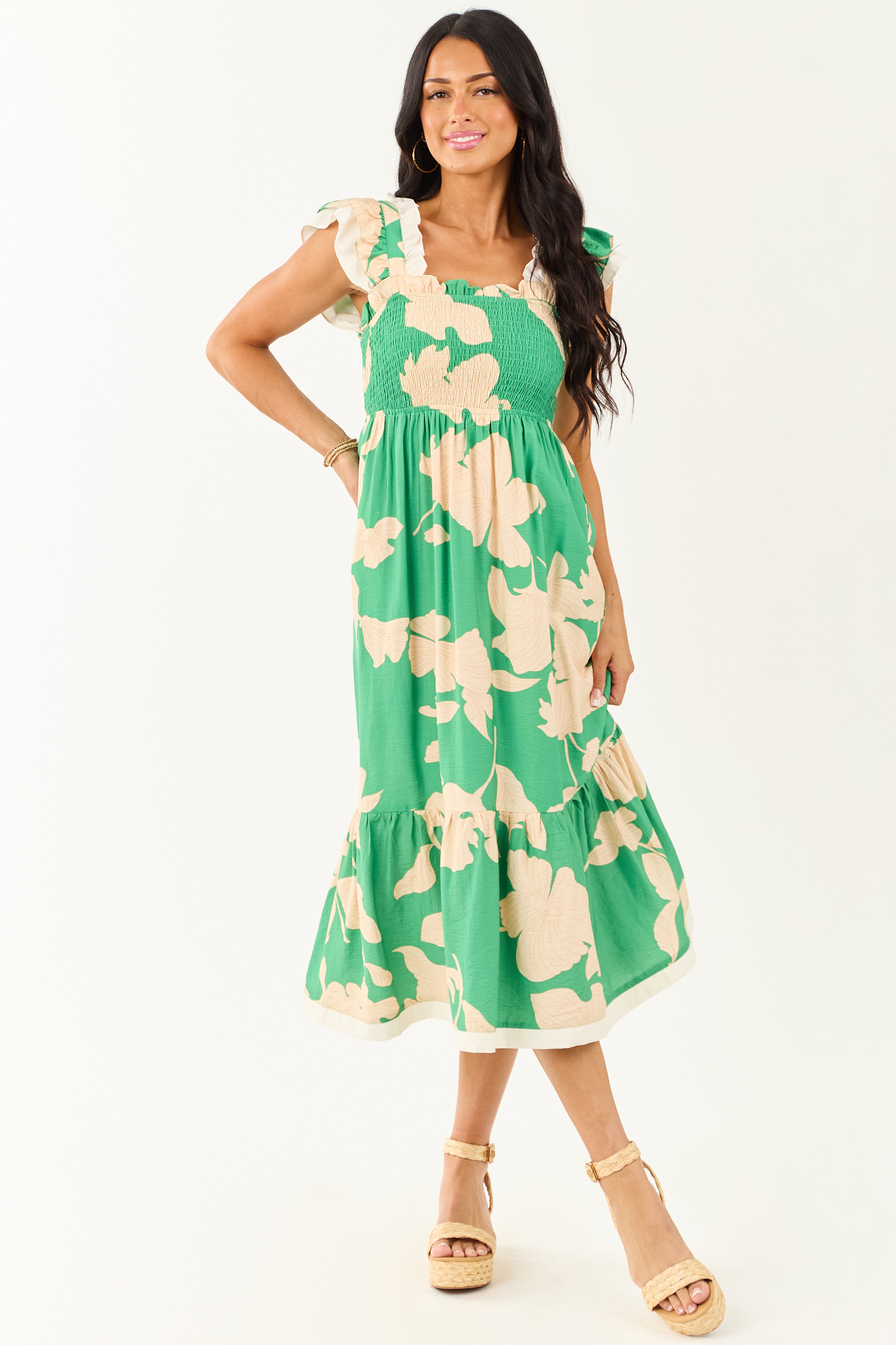 Kelly Green and Cream Floral Print Smocked Midi Dress