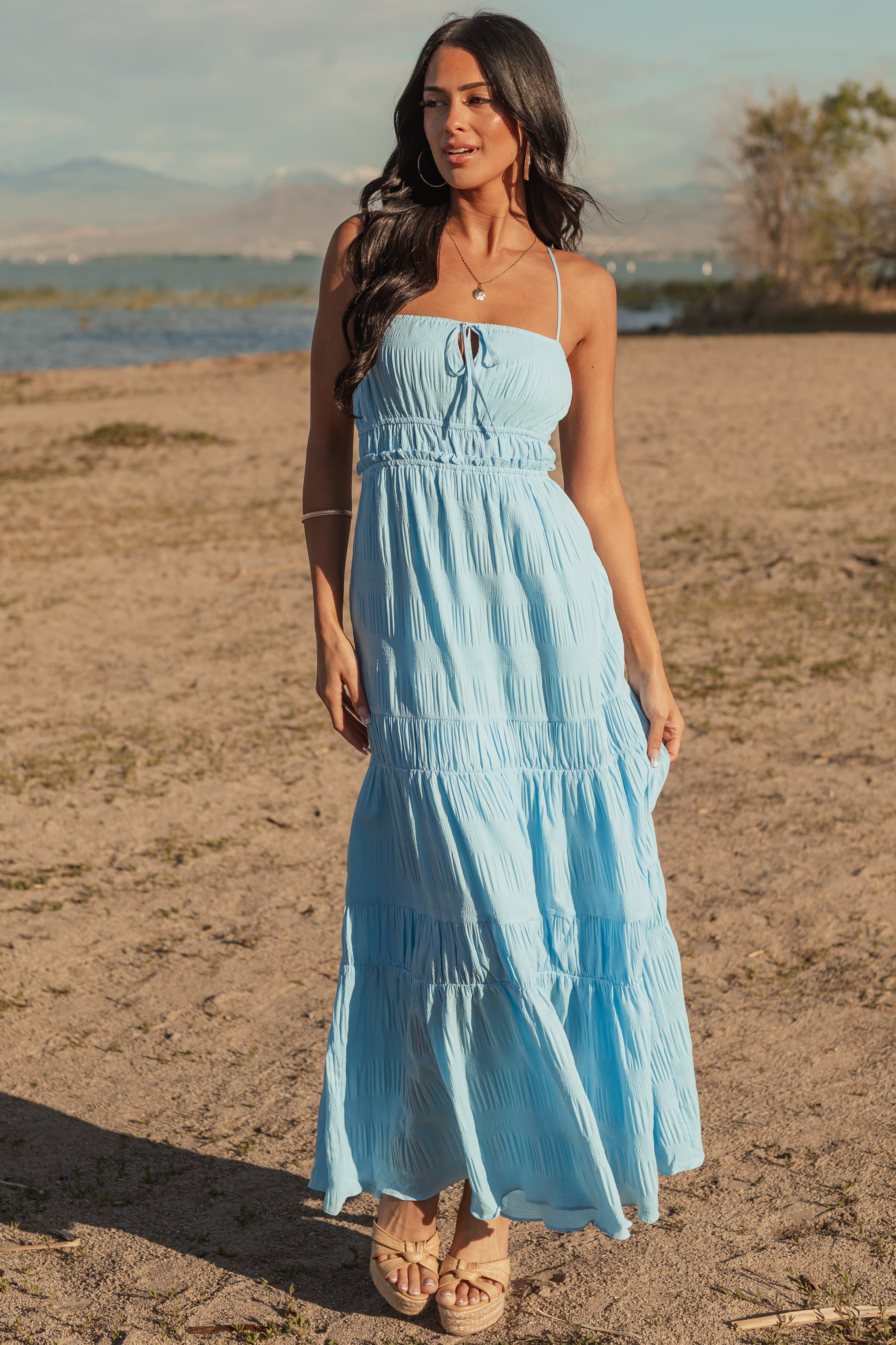 Sky Blue Ruched Tiered Sleeveless Maxi Dress