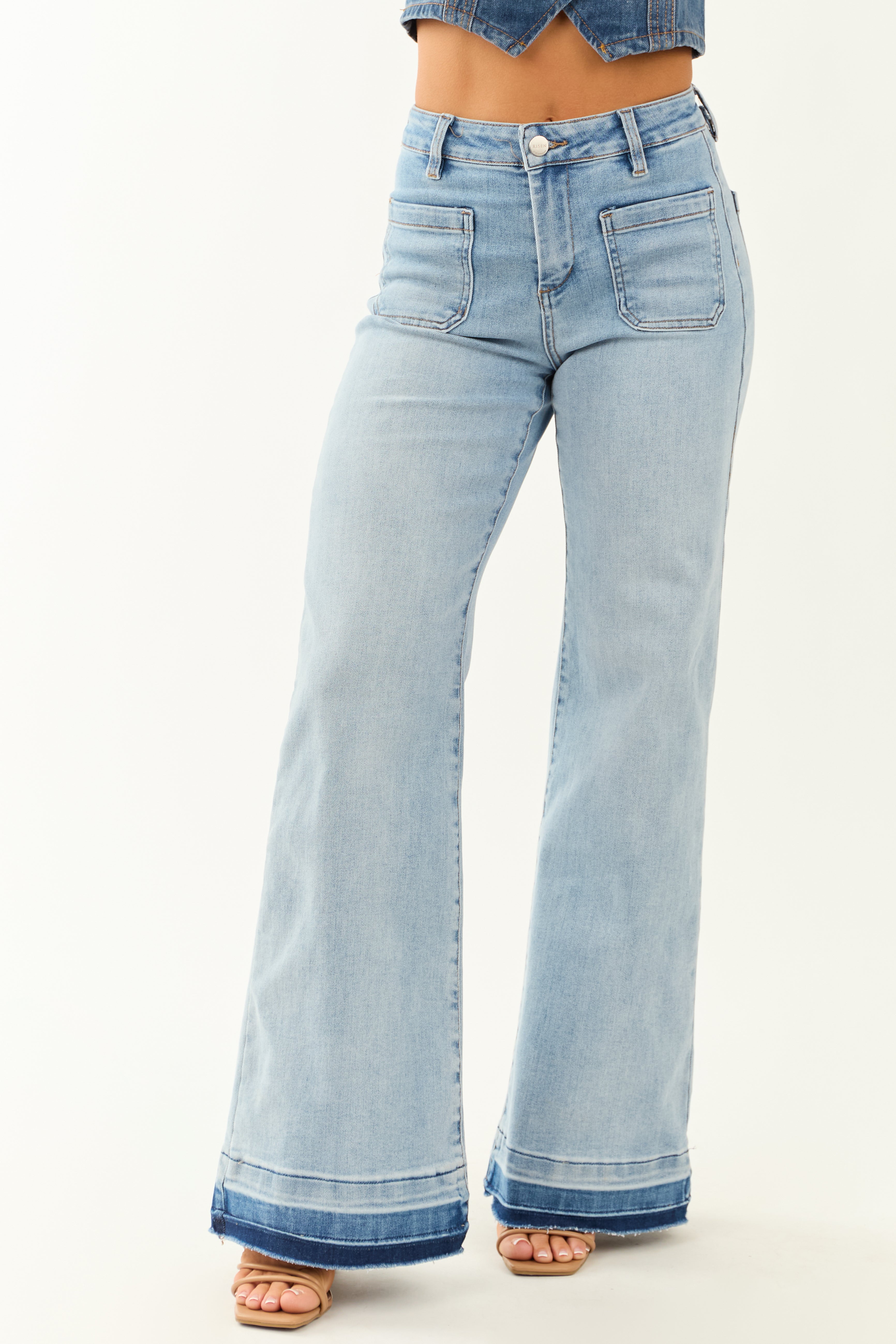 Risen Light Wash Stretchy Ombre Hem Wide Leg Jeans