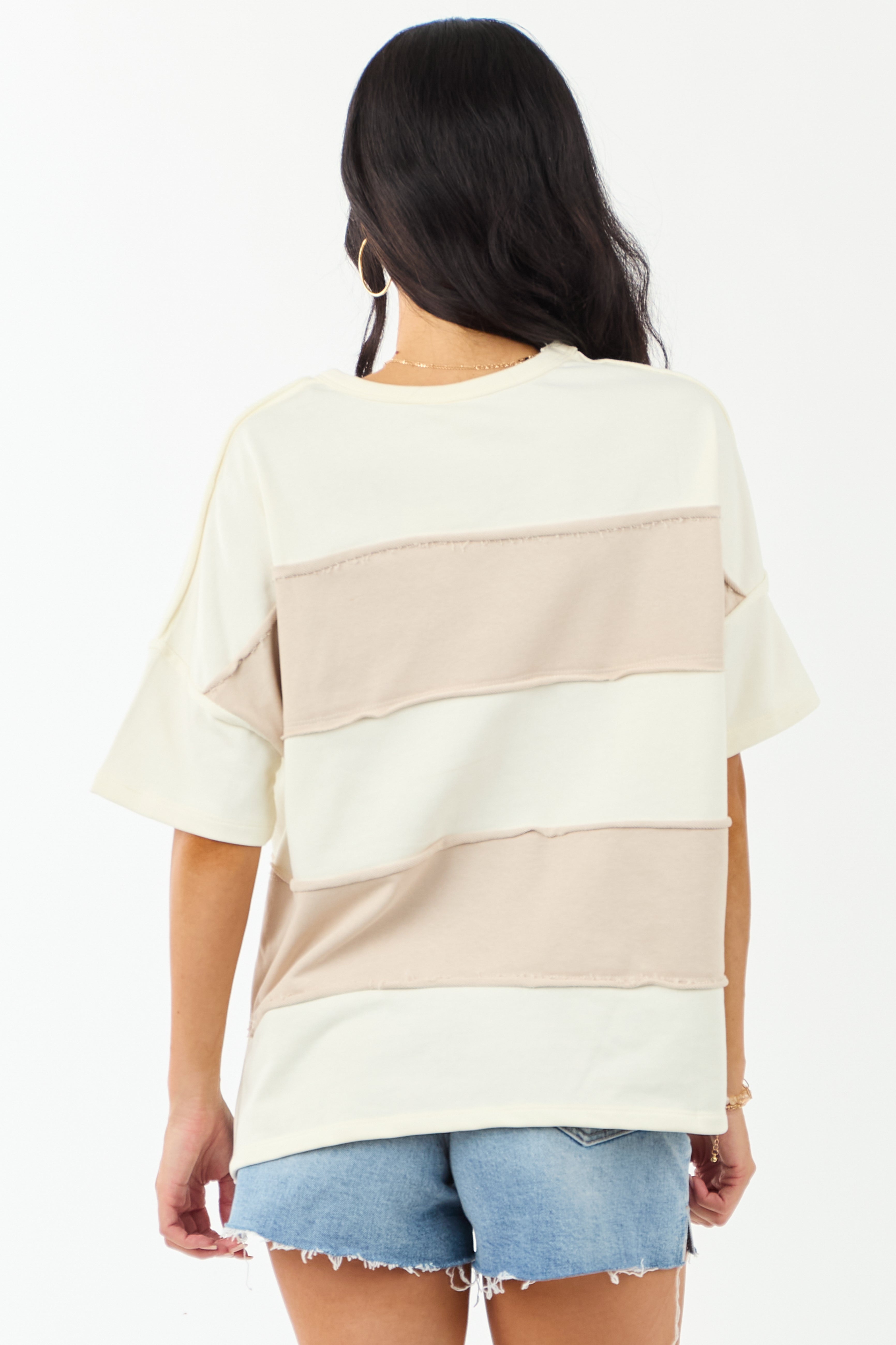 Cream and Latte Colorblock Relaxed Knit Tee