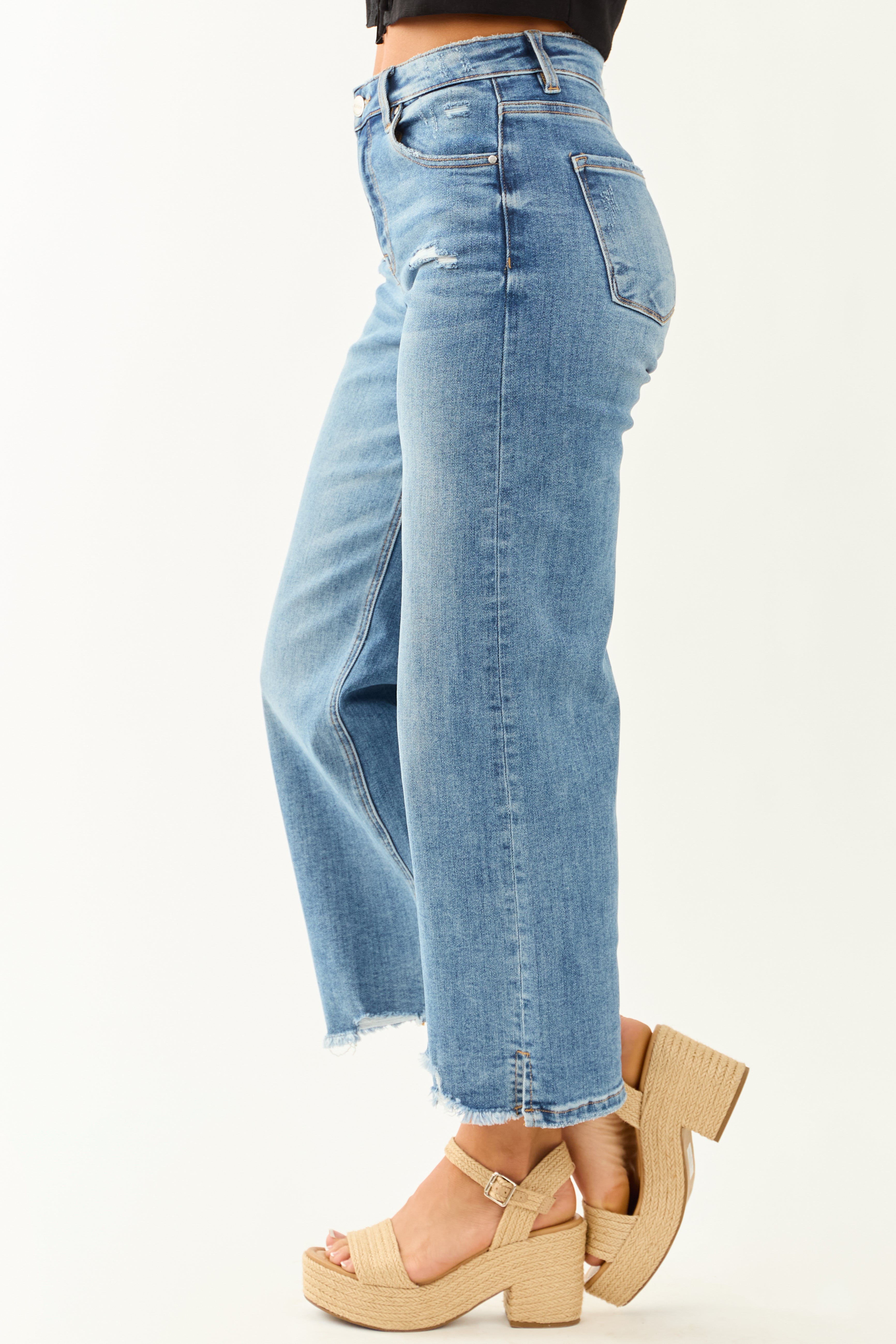 Risen Cropped Frayed Slit Hem Stretchy Wide Jeans