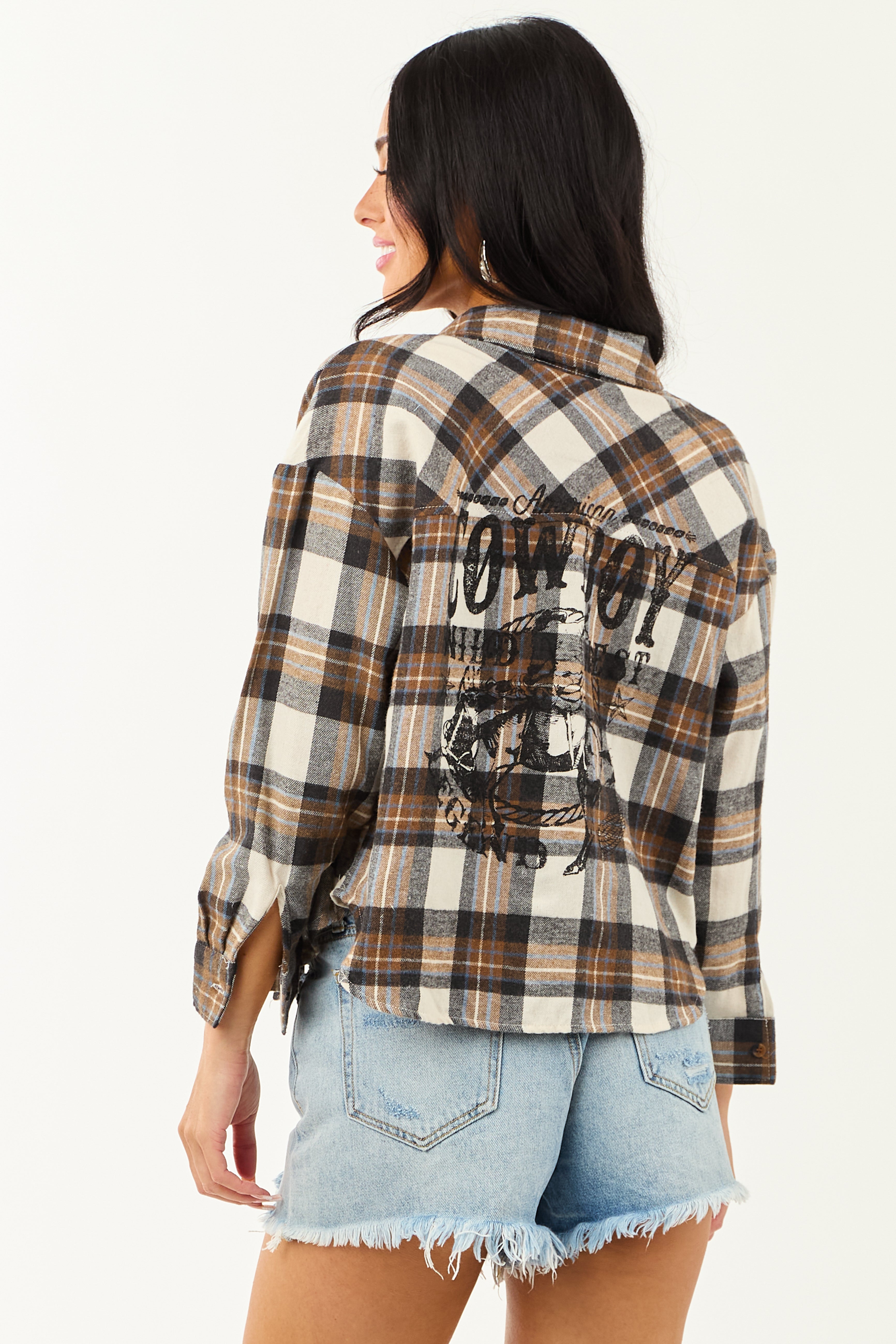 Coconut Cowboy Back Graphic Long Sleeve Plaid Shirt