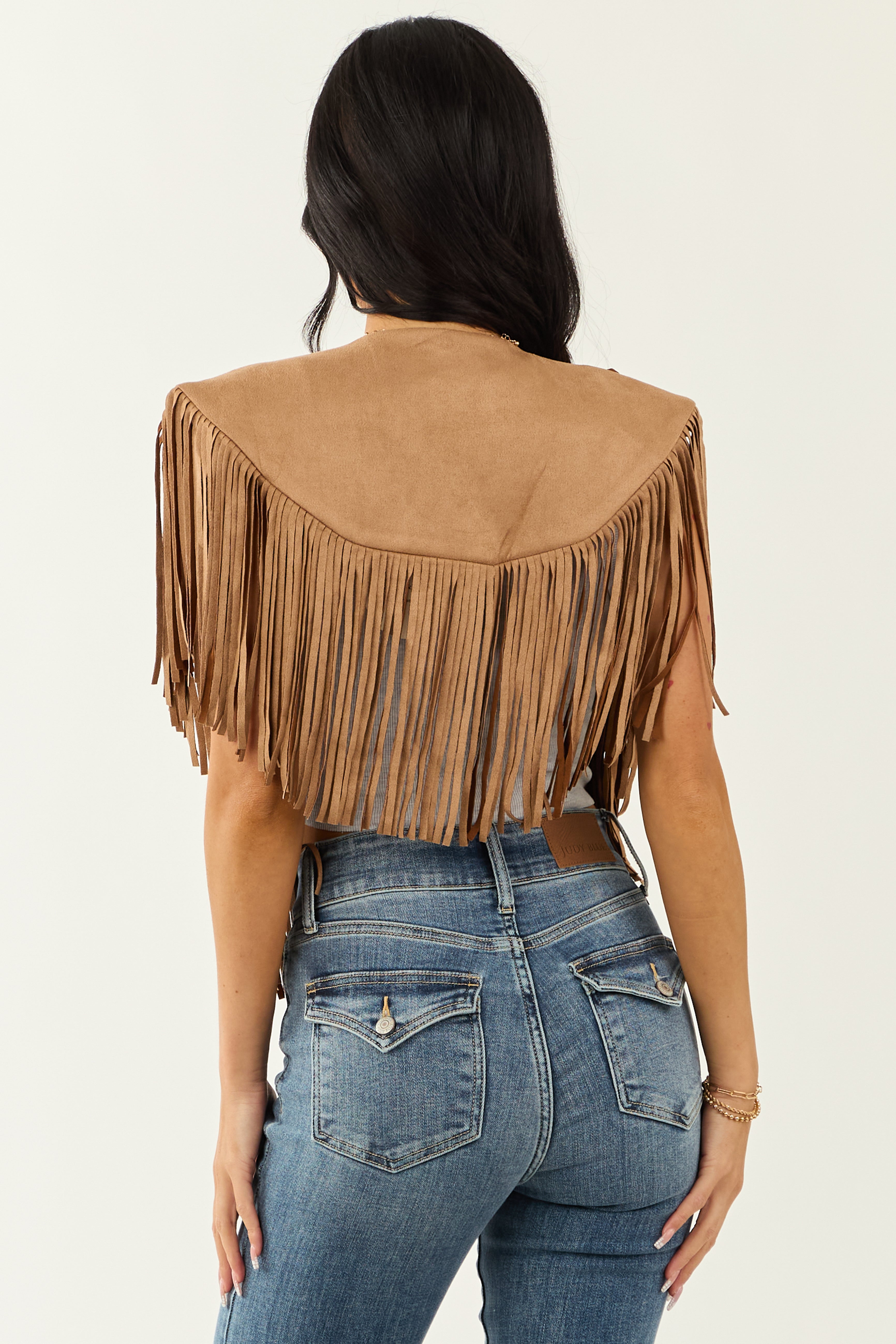 Brown Sugar Faux Suede Collared Fringe Shawl