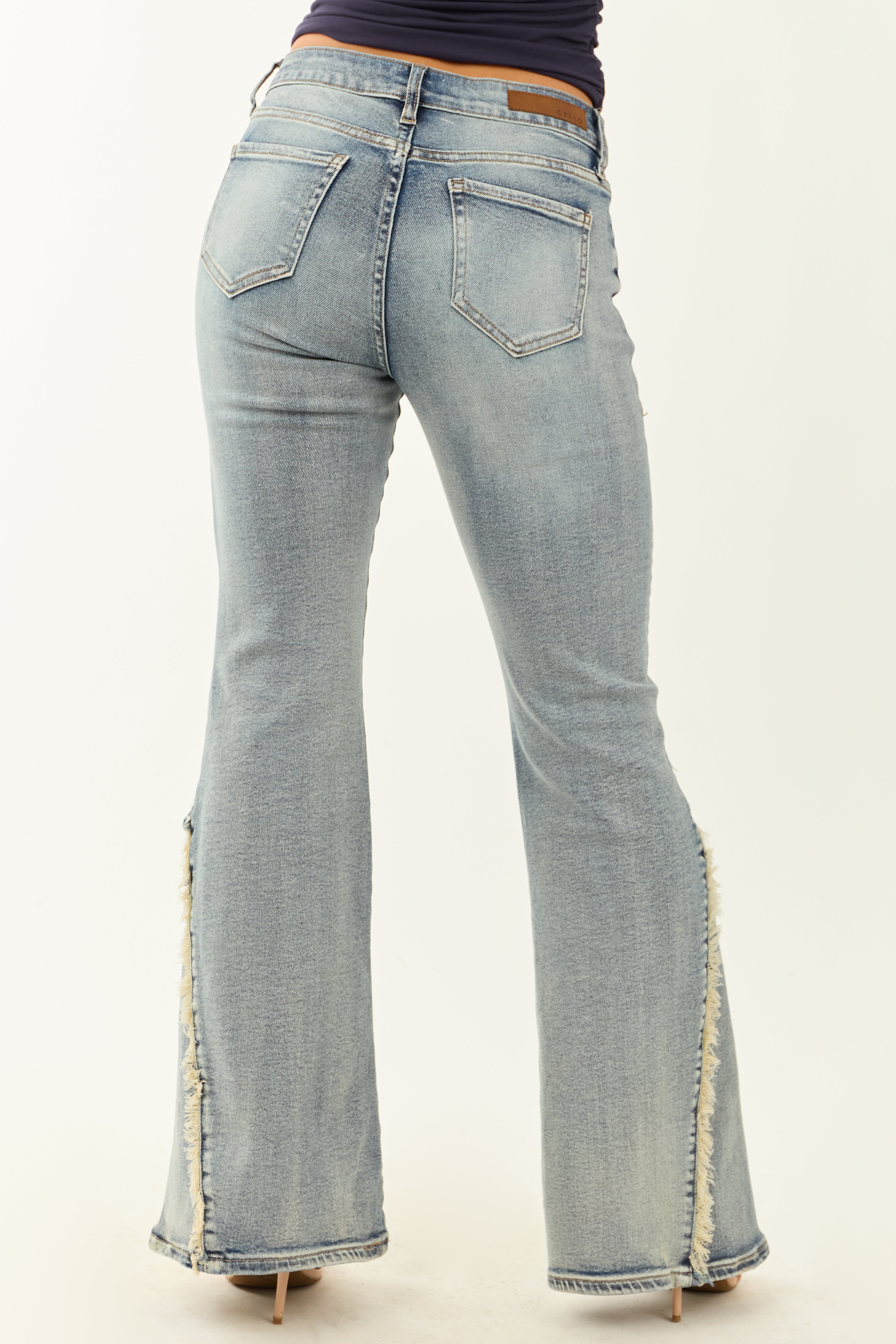 Cello Vintage Wash Stretchy Frayed Seam Flare Jeans