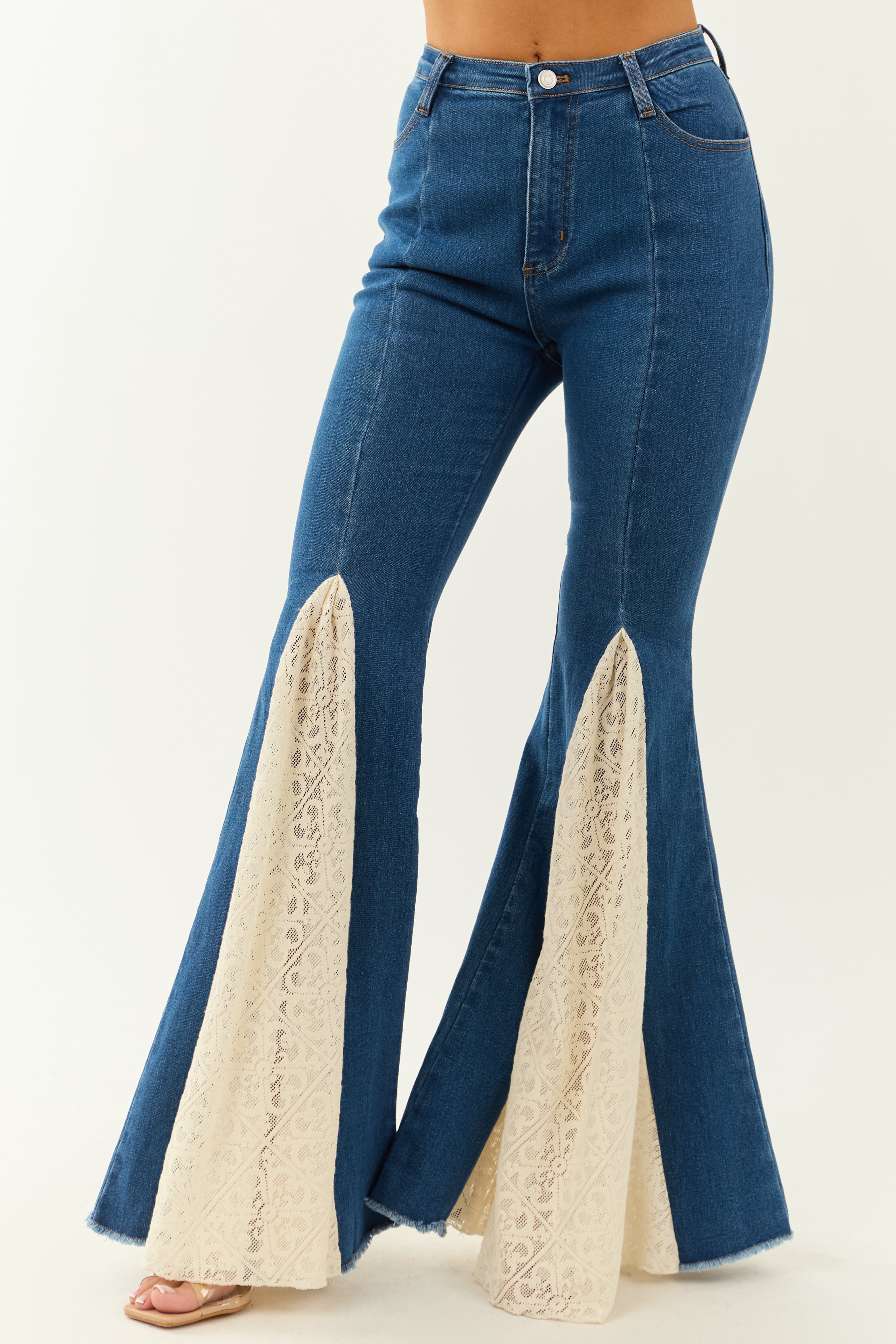 Medium Wash Super Flare Lace Hem Stretchy Jeans