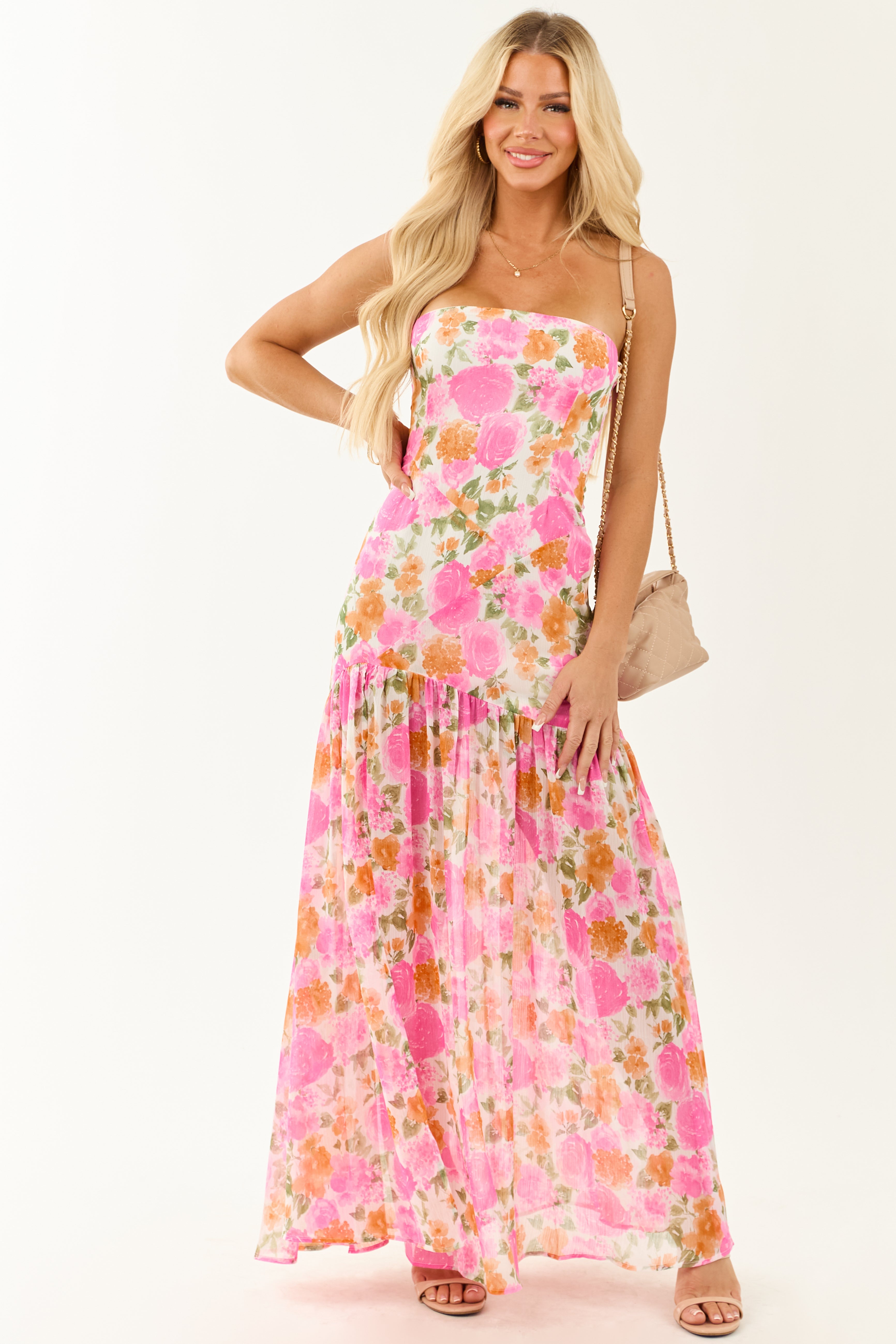 Fuchsia Floral Strapless Asymmetrical Maxi Dress