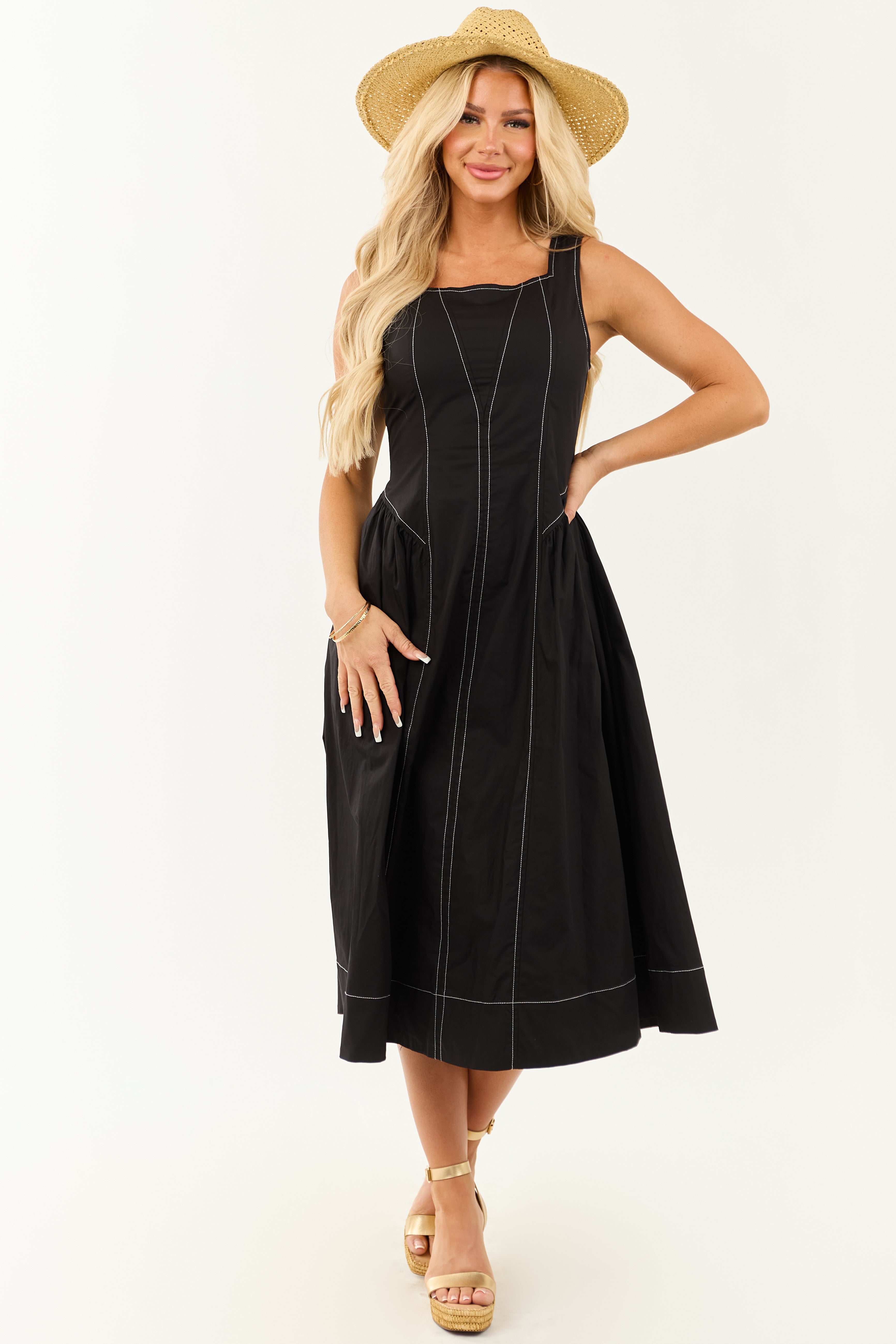 Entro Black Contrast Stitch Cotton Midi Dress