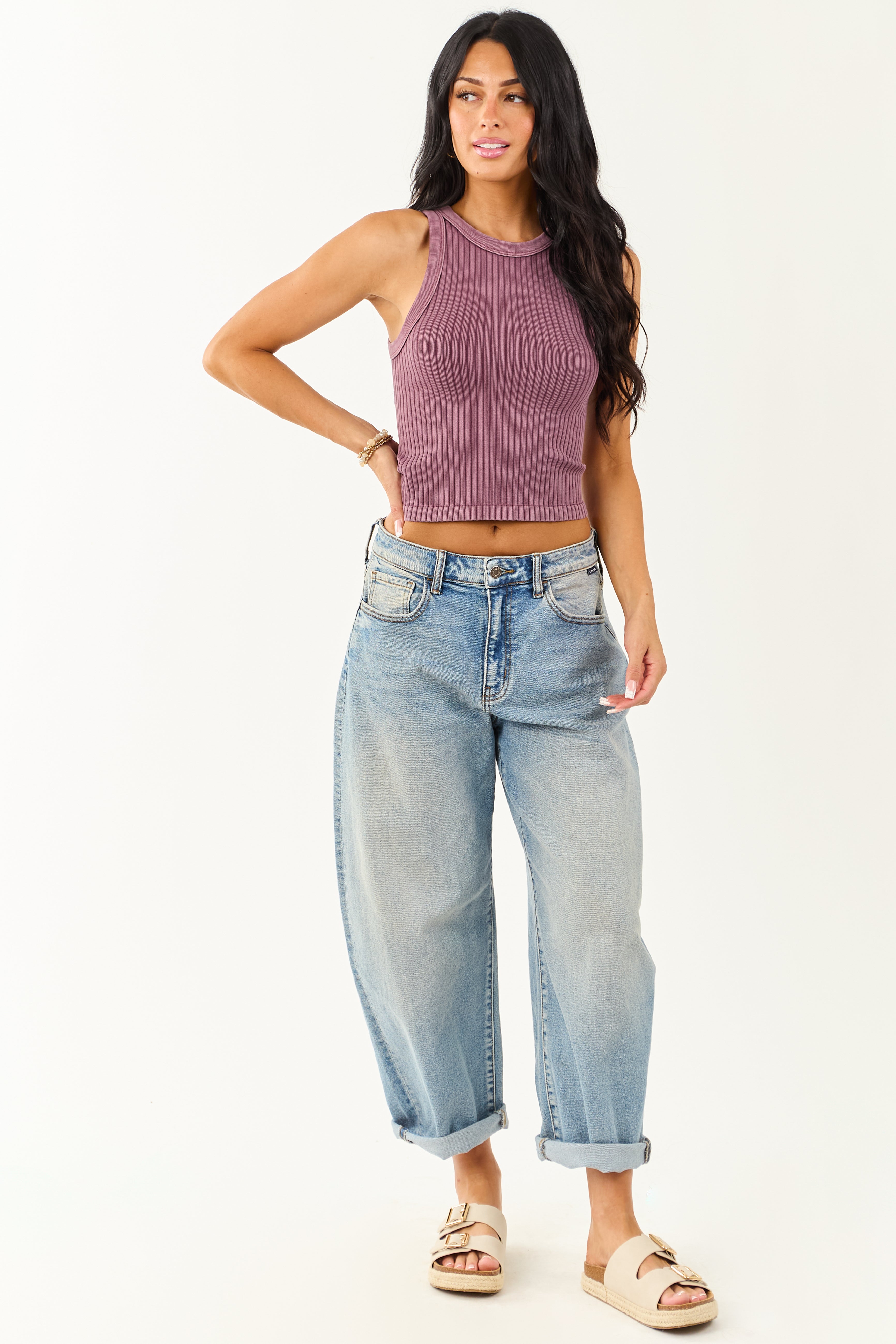 Plum Ribbed Stretchy Knit Washed Tank Top
