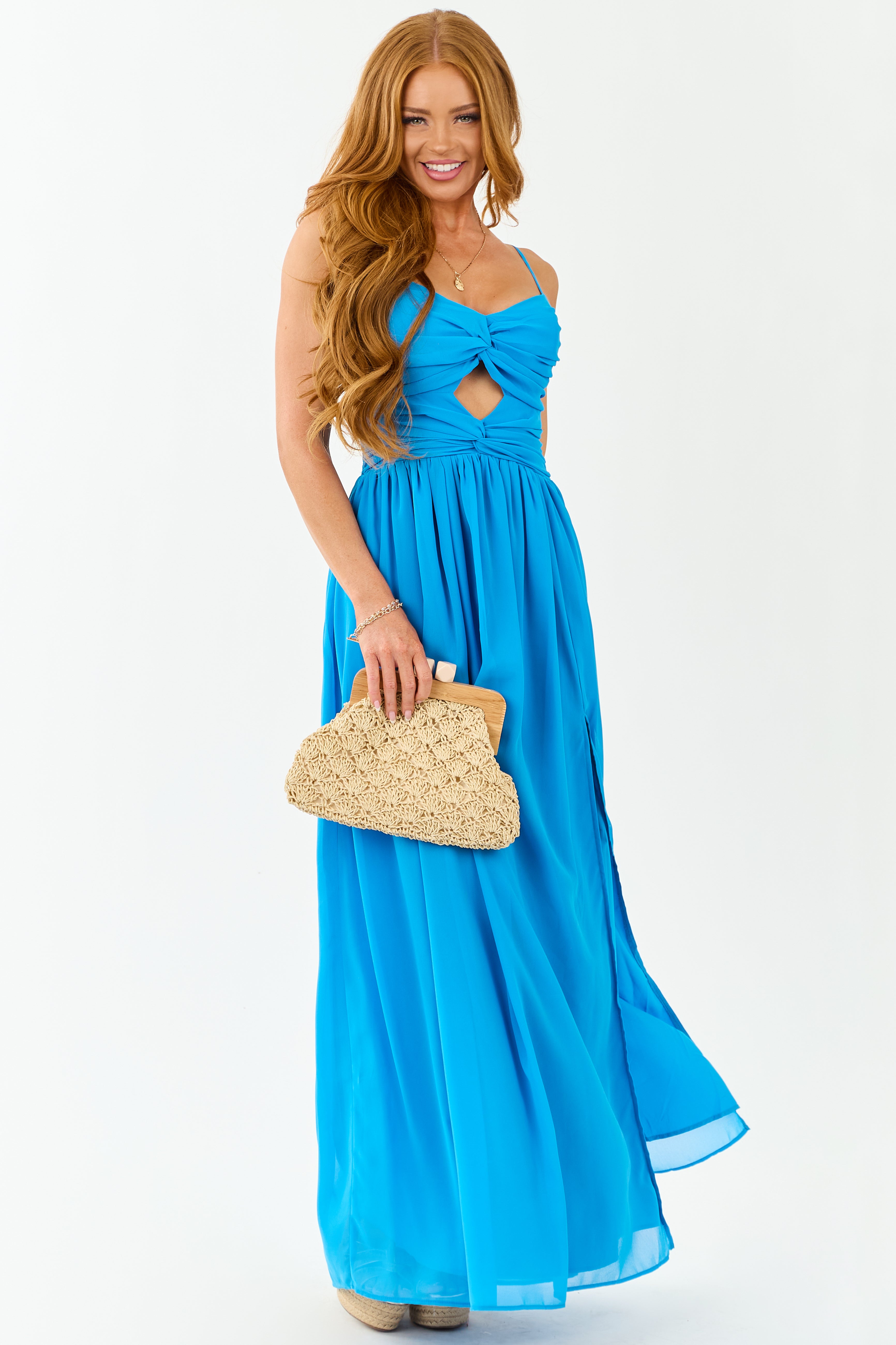 Azure Flowy Chiffon Front Twist Maxi Dress