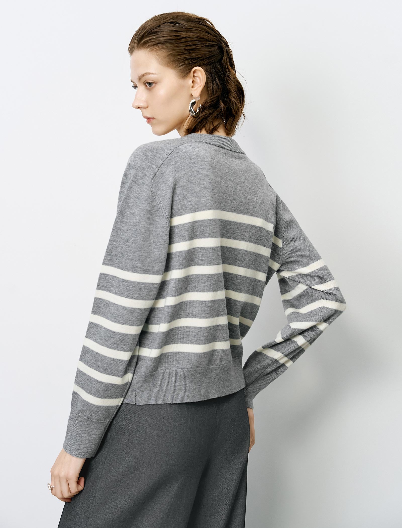 Striped Wool Zipper Short Knit Cardigan