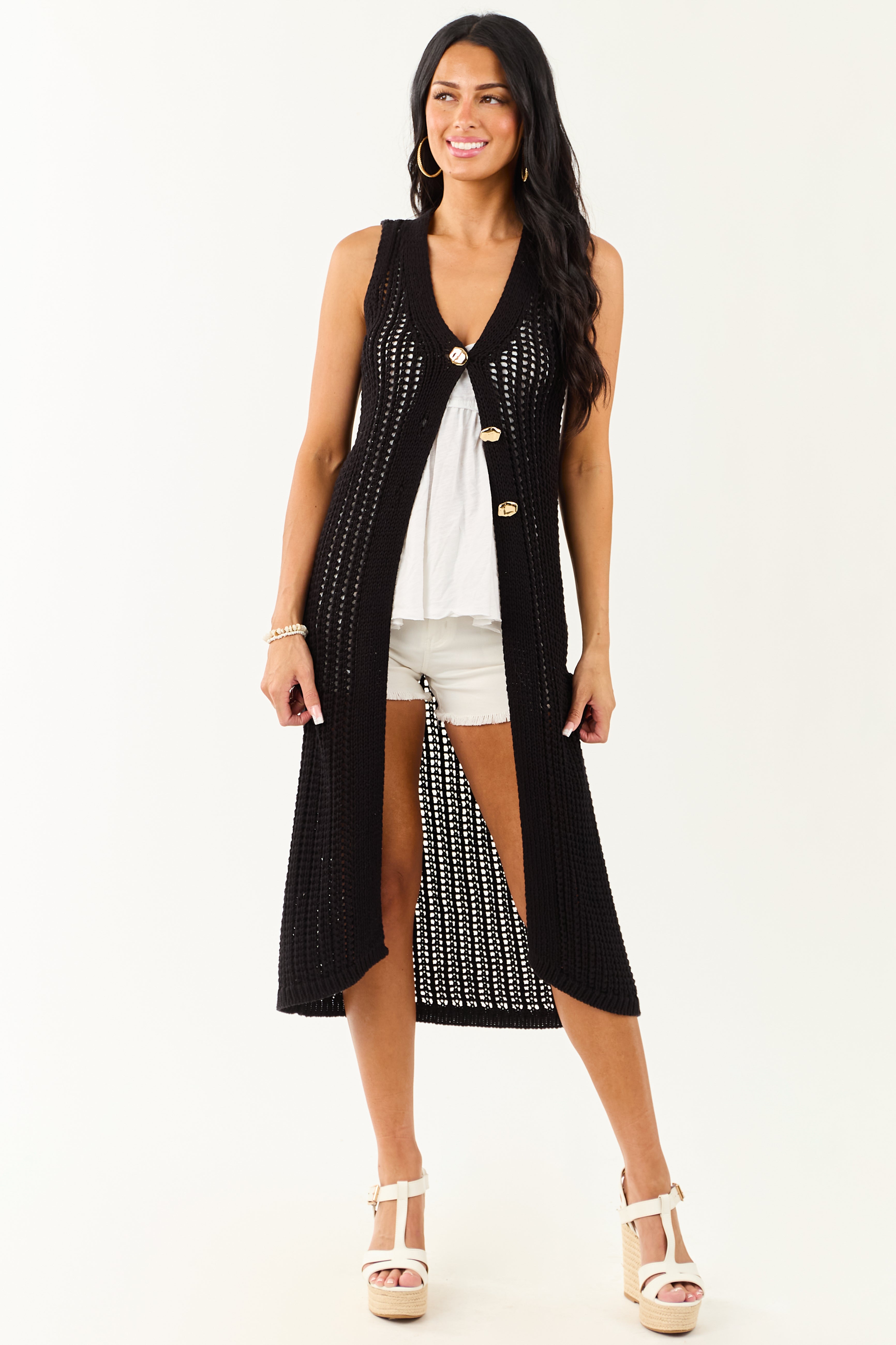 Black Open Knit Gold Buttoned Cotton Duster Vest