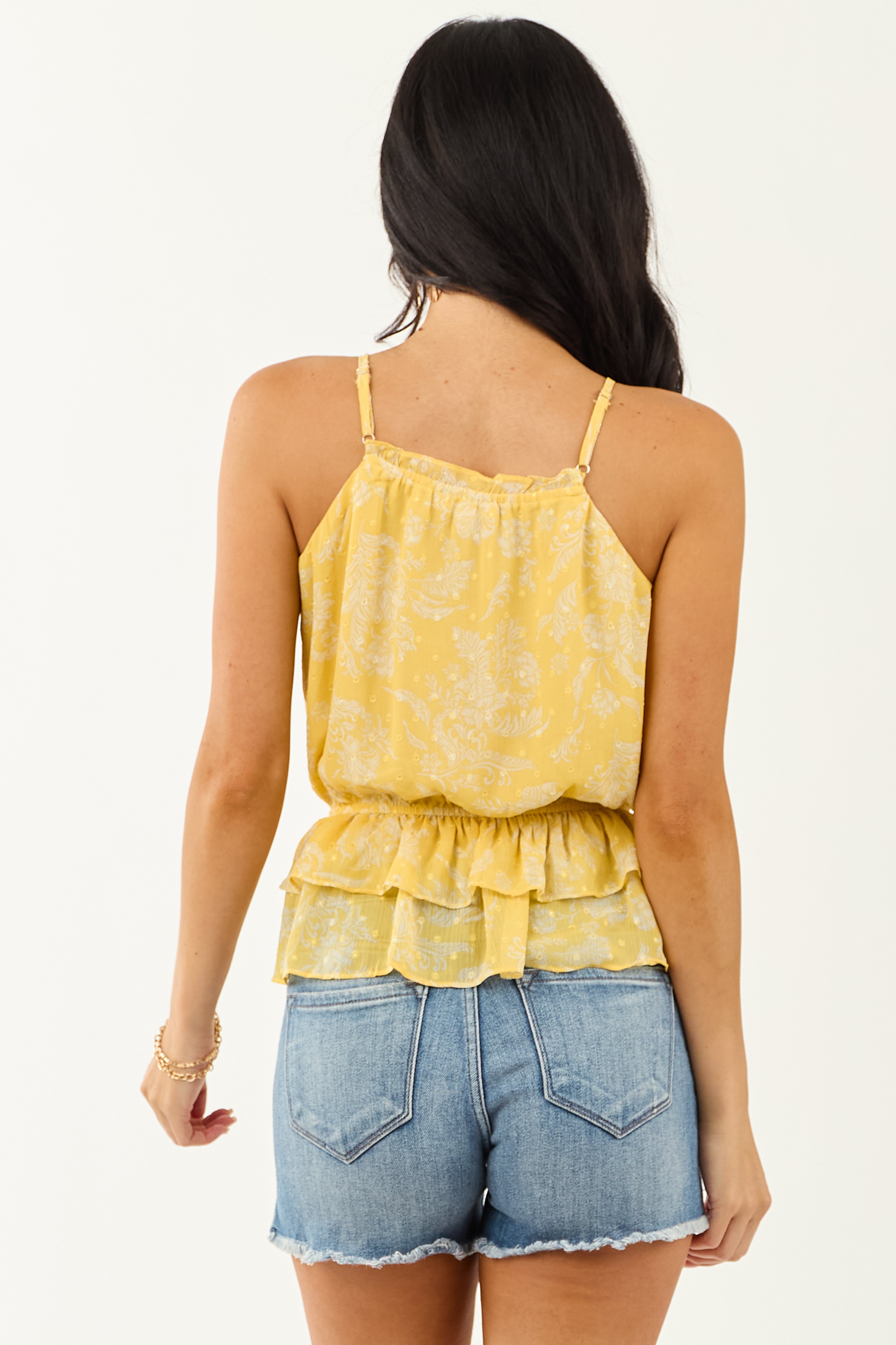 Canary Yellow Floral Swiss Dot Halter Neck Tank Top