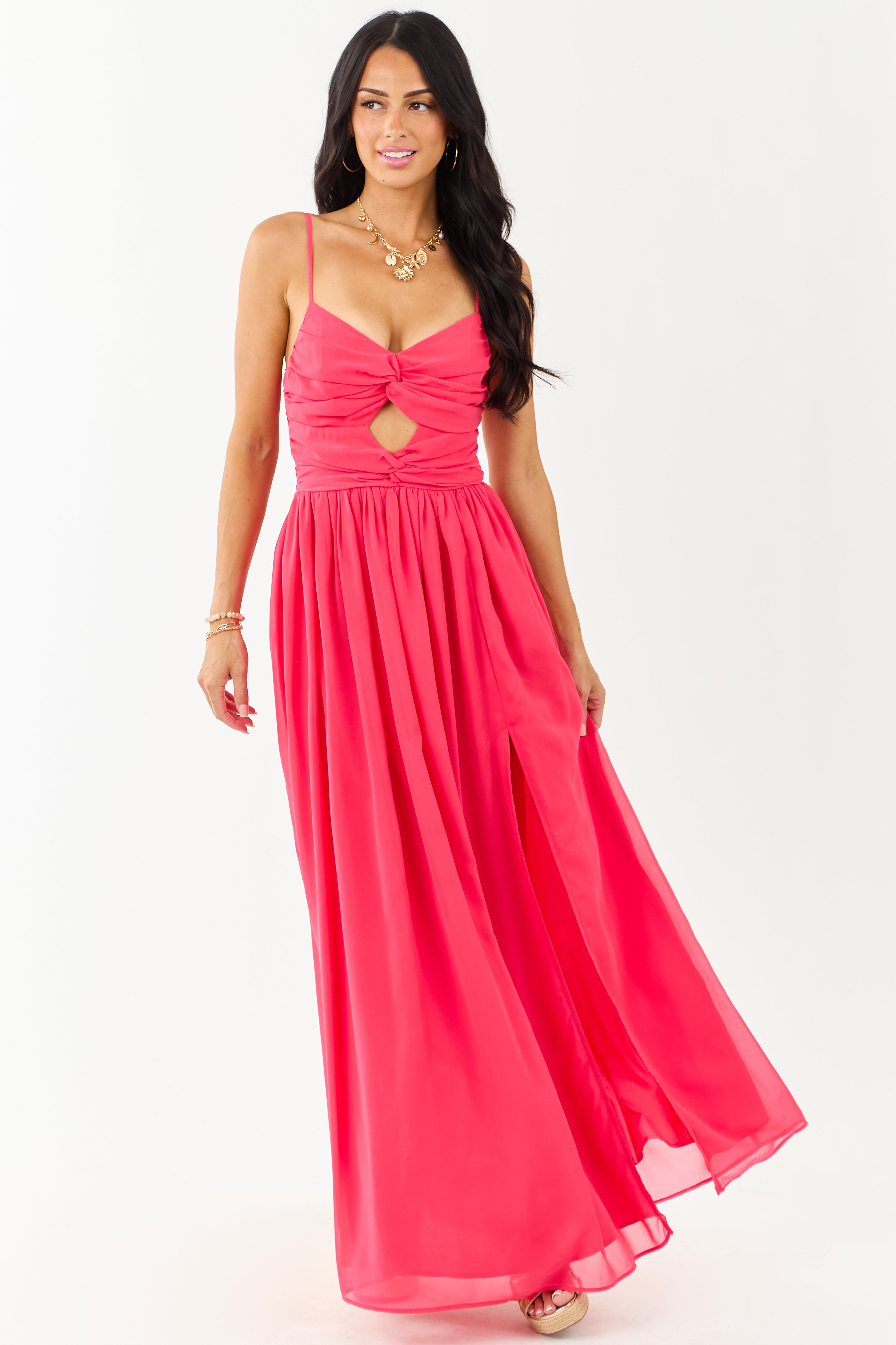 Raspberry Flowy Chiffon Front Twist Maxi Dress