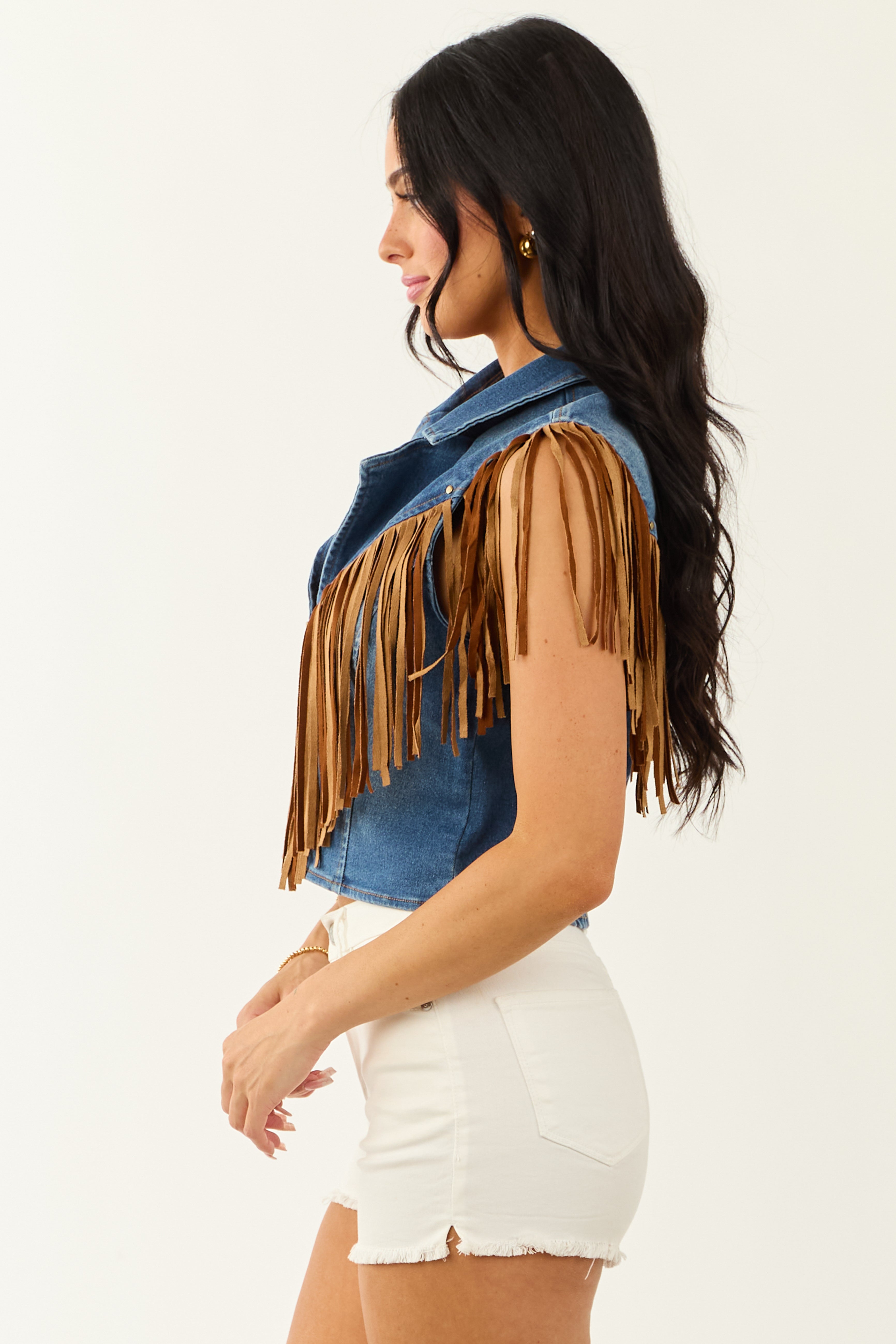 Medium Wash Stretchy Denim Fringe Zip Up Vest
