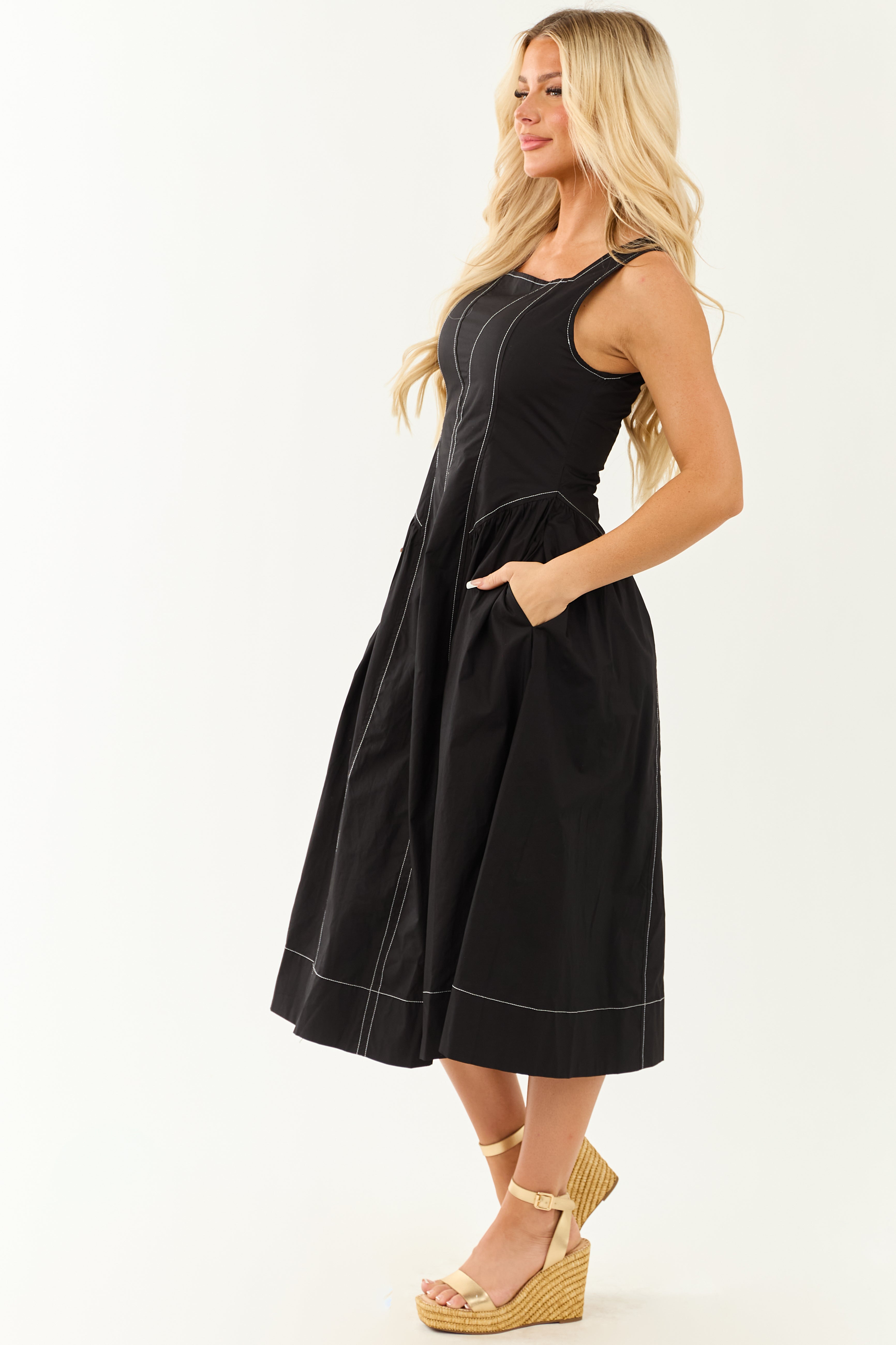 Entro Black Contrast Stitch Cotton Midi Dress