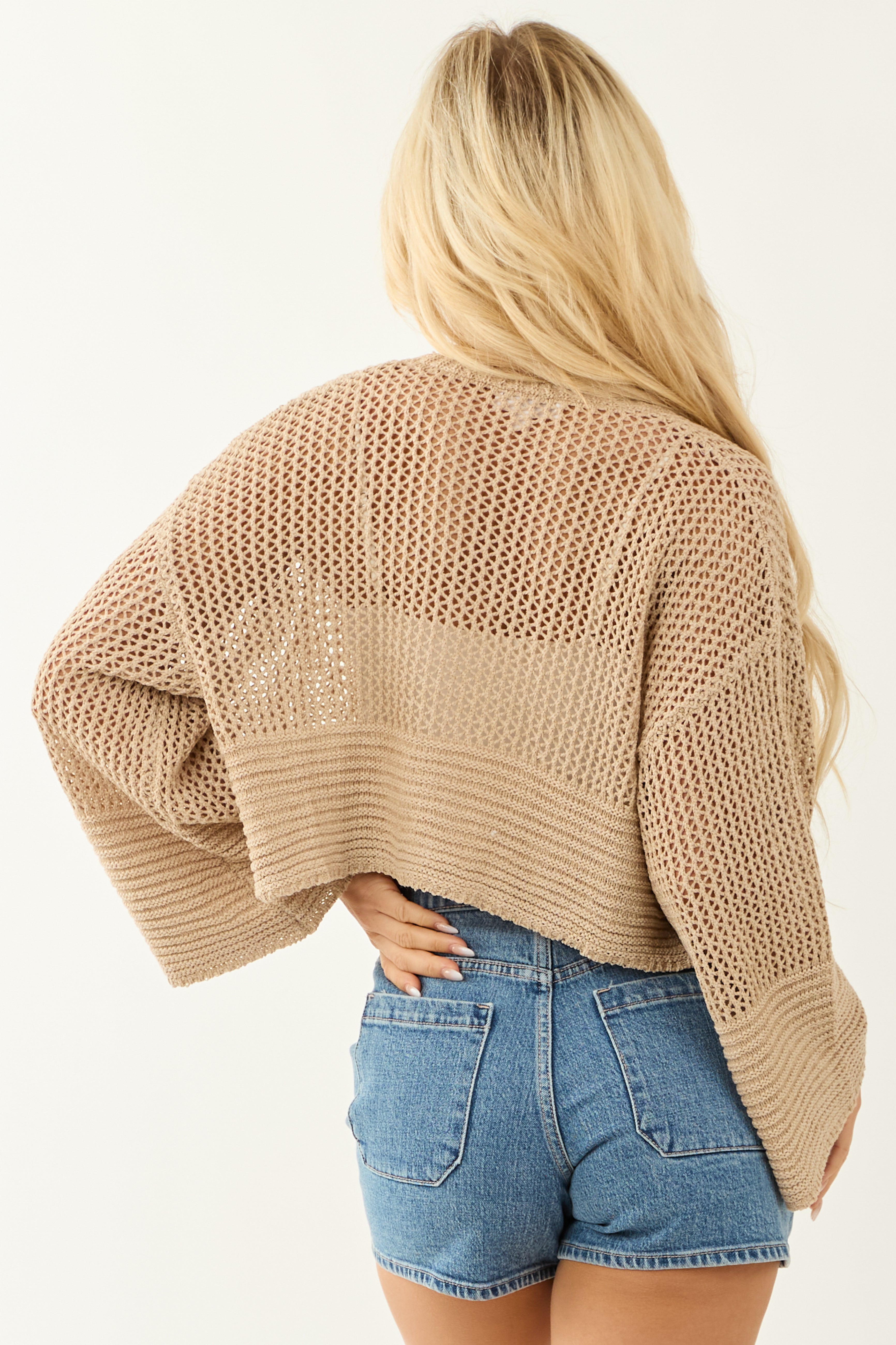 Camel Open Front Long Sleeve Knit Cardigan