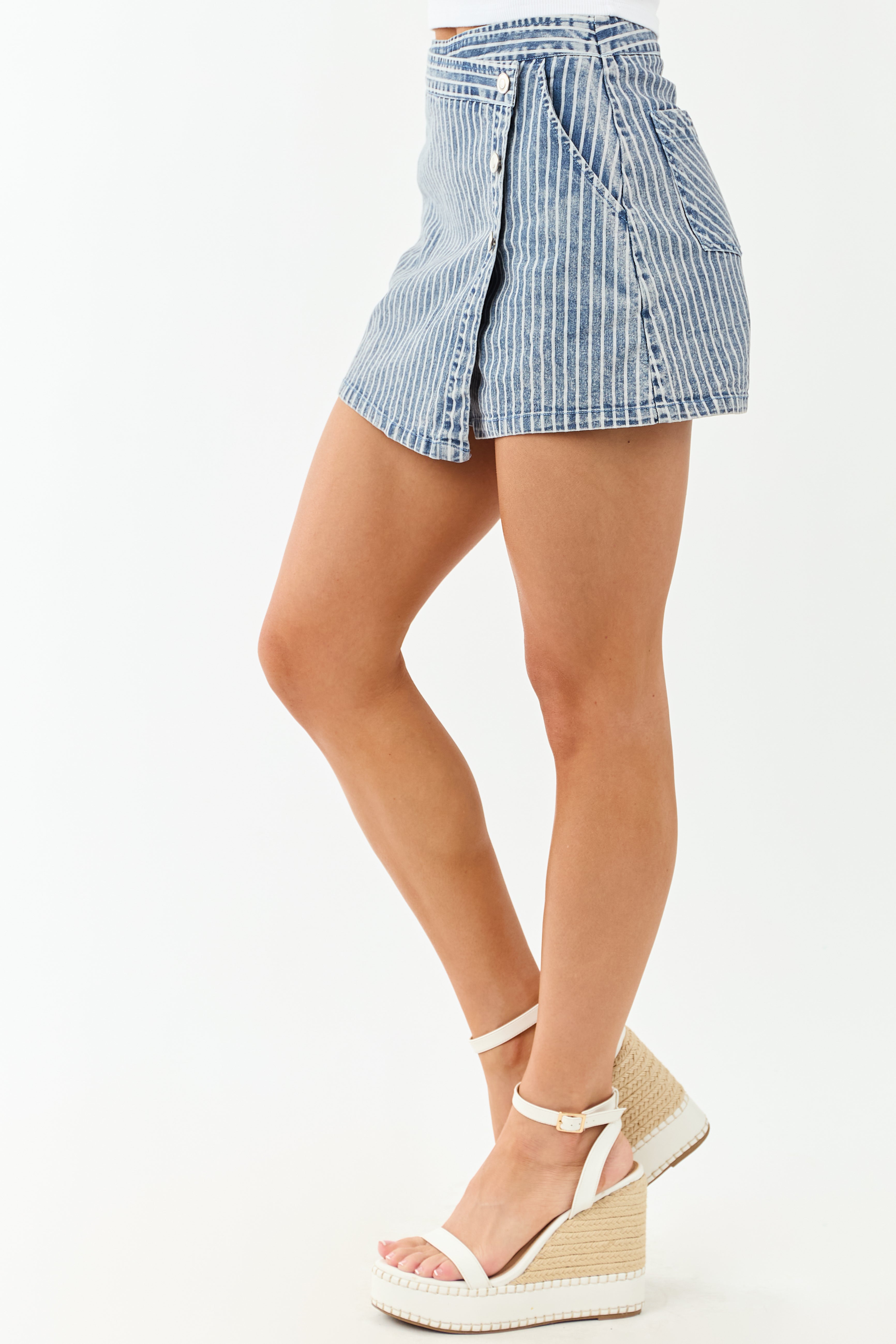 Flying Tomato Medium Wash Striped Denim Mini Skort
