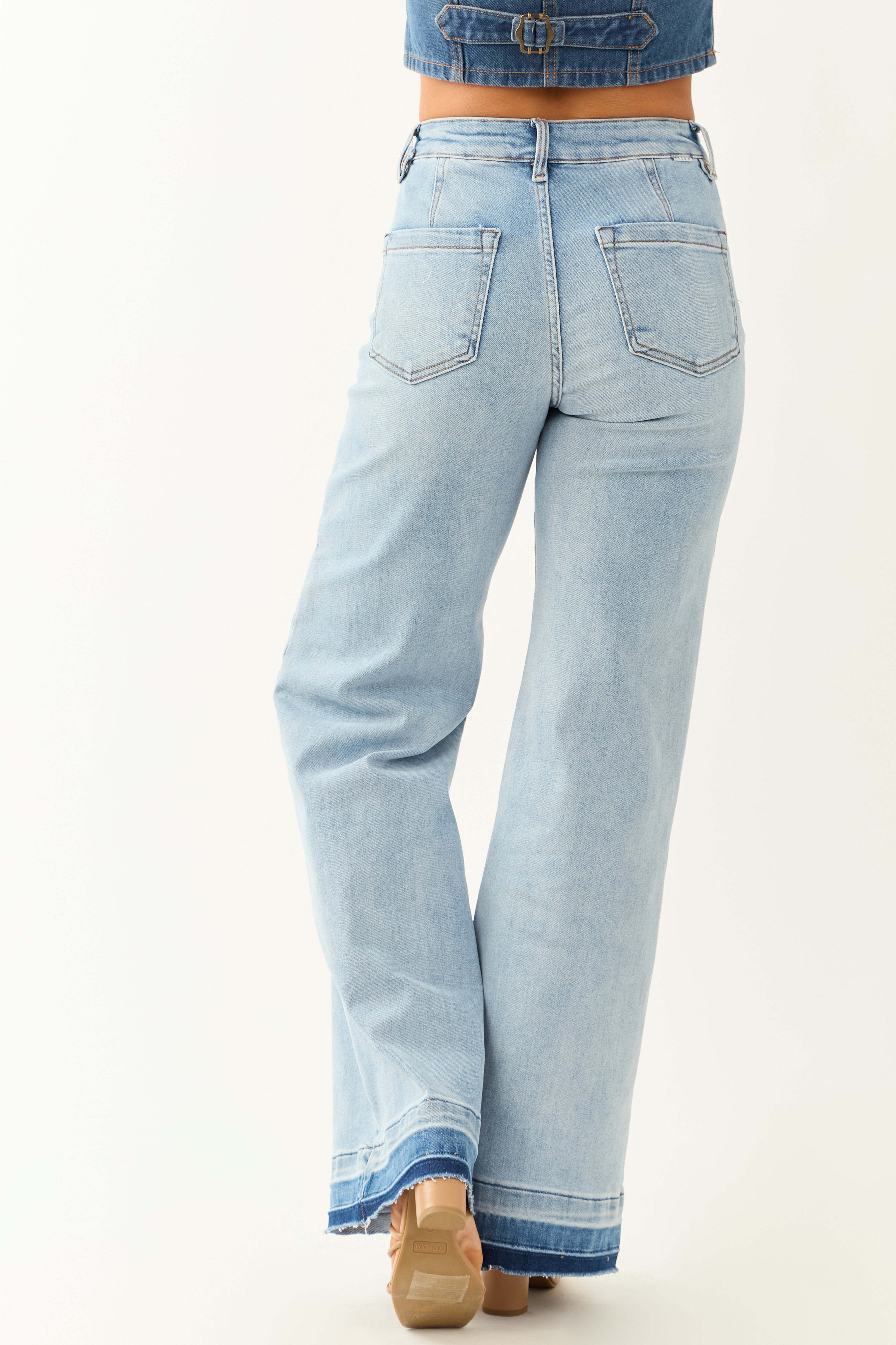Risen Light Wash Stretchy Ombre Hem Wide Leg Jeans