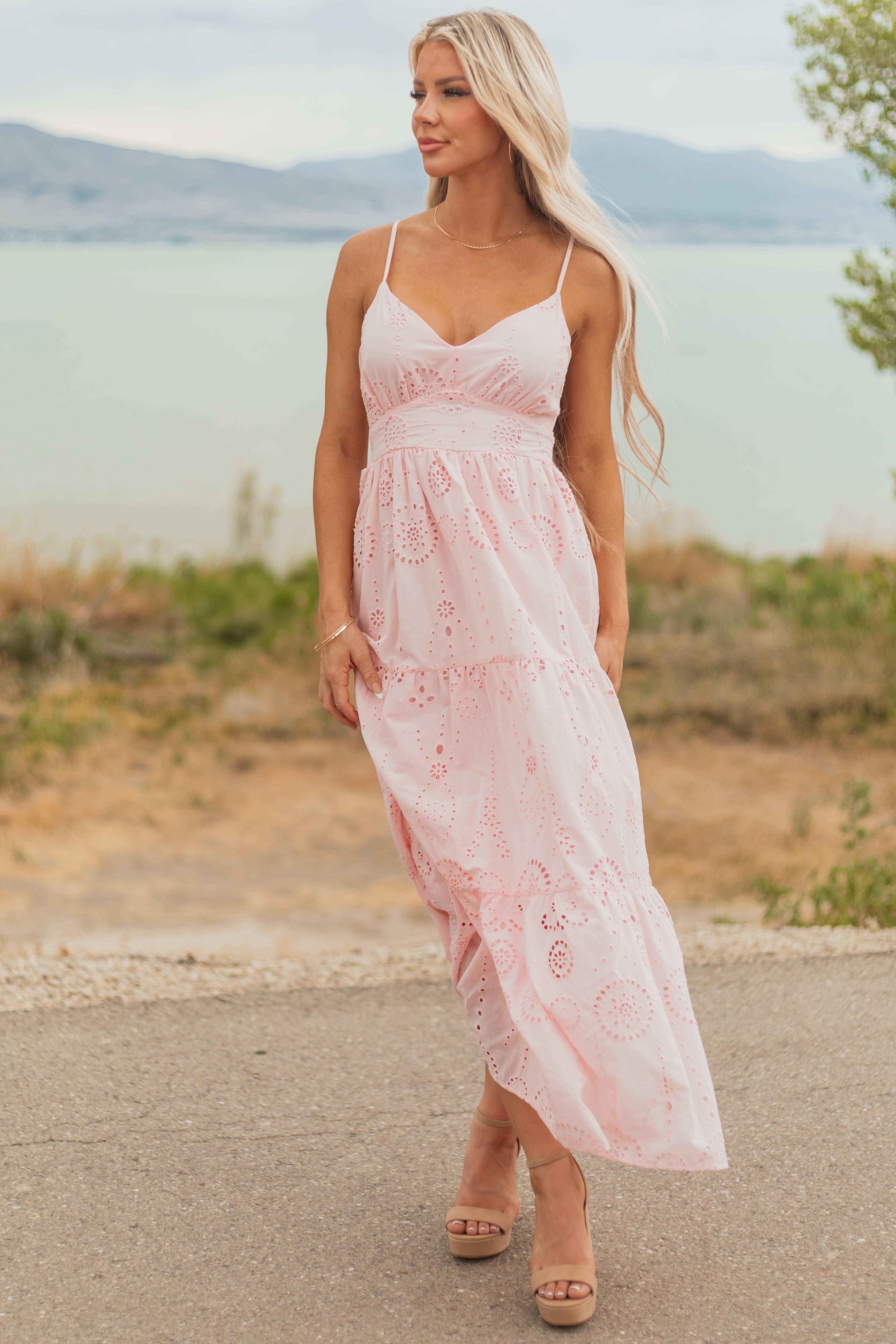 Carnation Floral Eyelet Sleeveless Cotton Maxi Dress